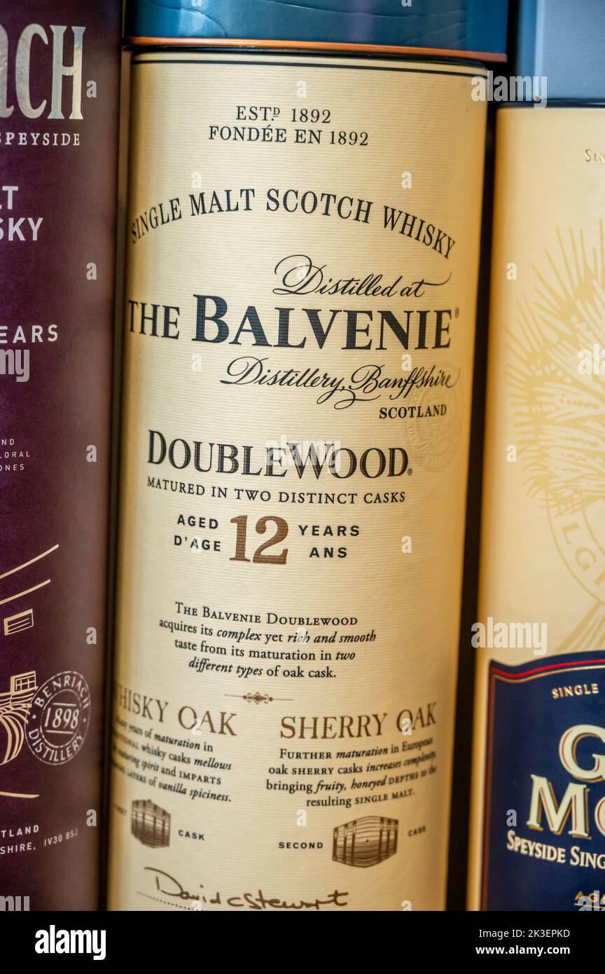 Calgary, Alberta September 10, 2022 Multiple Single Malt Scotch Whisky containers staked