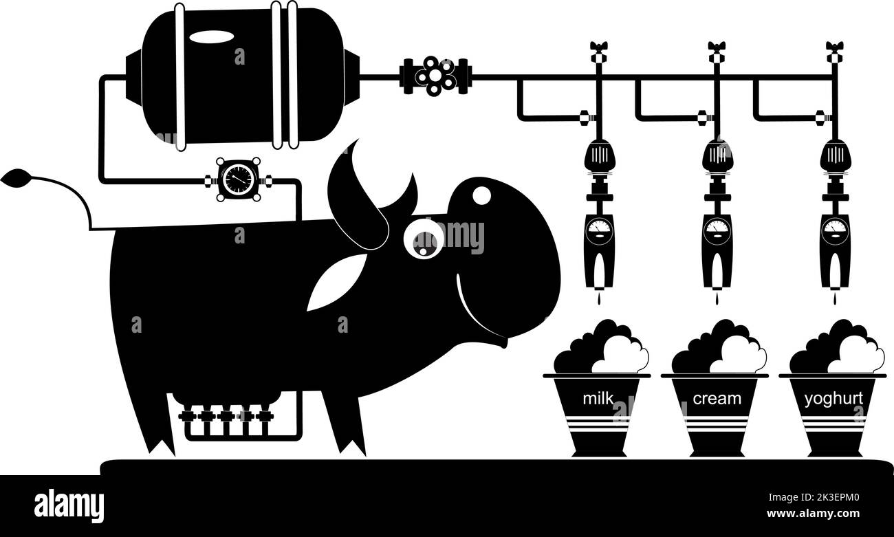 Illustration of funny dairy farm and cow.  Cute cow, dairy farm and dairy products. Milk, cream and yogurt. Black and white illustration Stock Vector