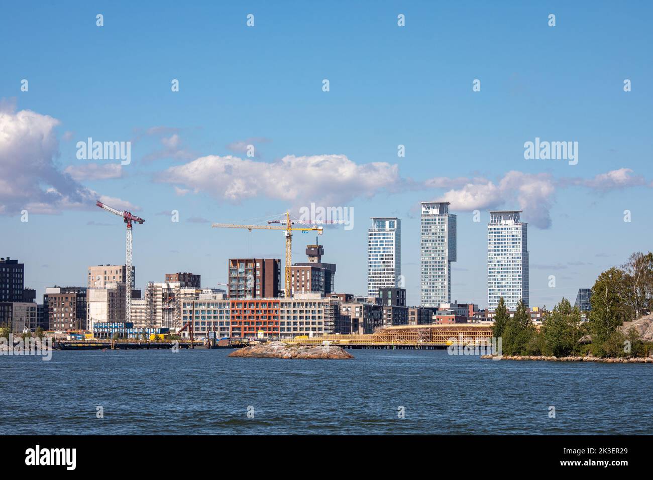 Sompasaari district with Kalasatama high-rise buildings in the background in Helsinki, Finland Stock Photo