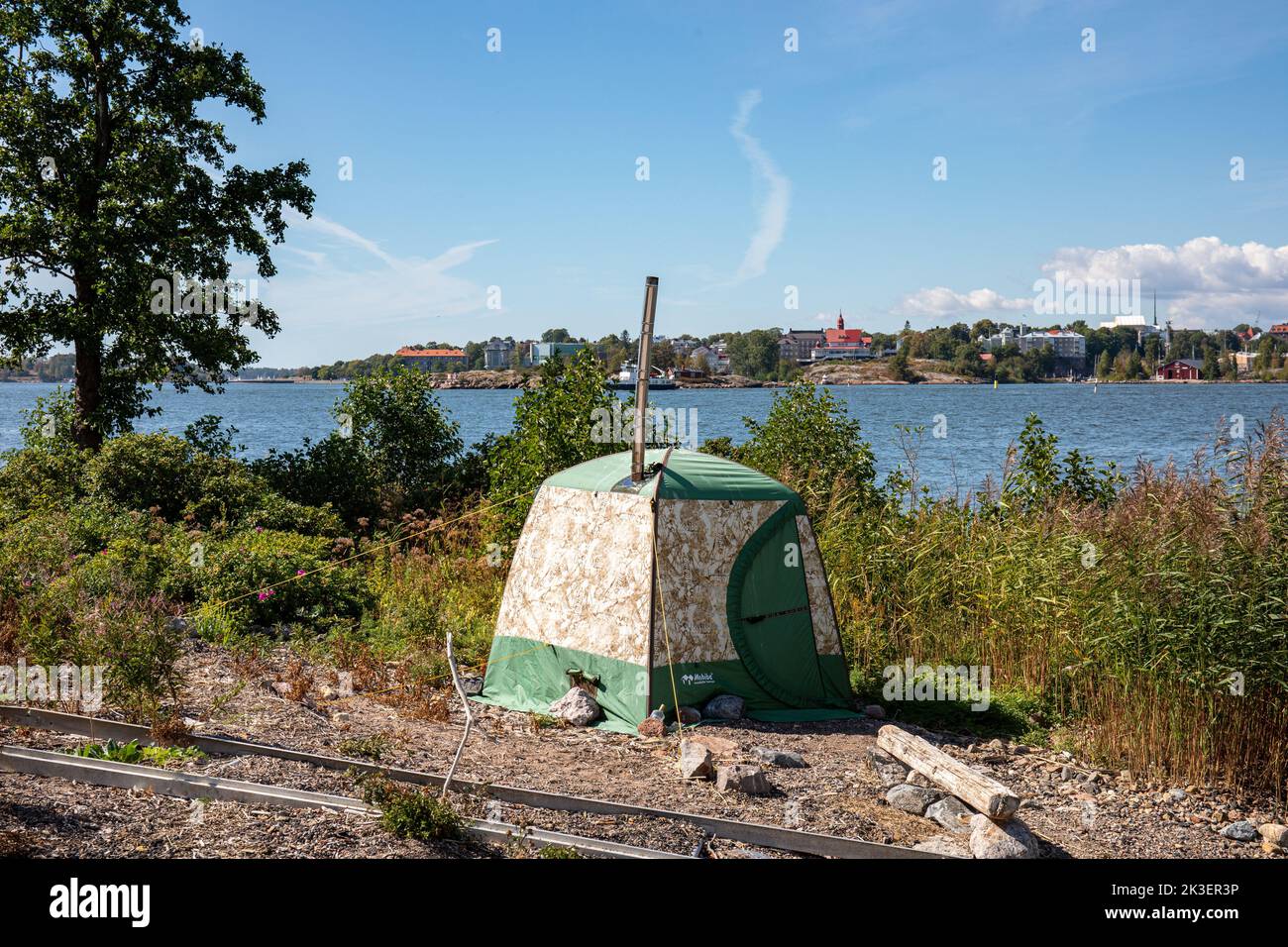 Mobiba mobile banya tent sauna in Katajanokanluoto, Helsinki, Finland Stock Photo