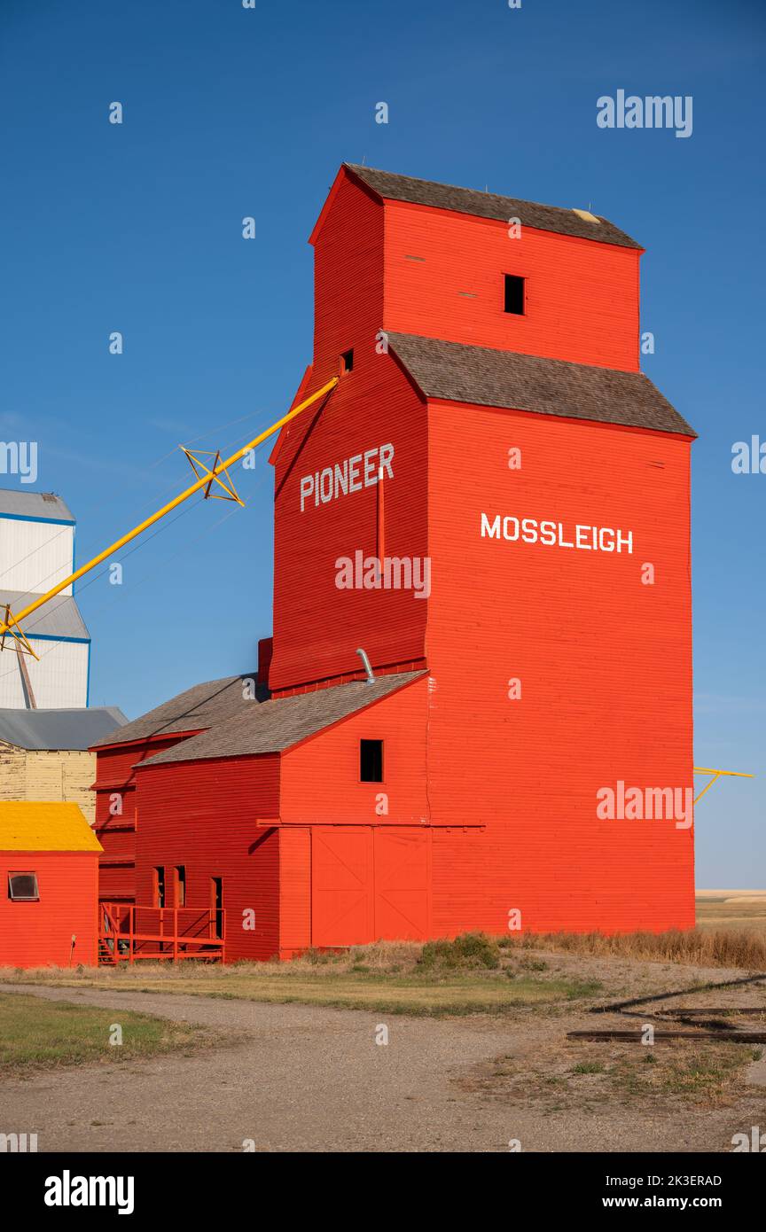 Mossleigh, Alberta September 17, 2022 Old wooden grain elevators on