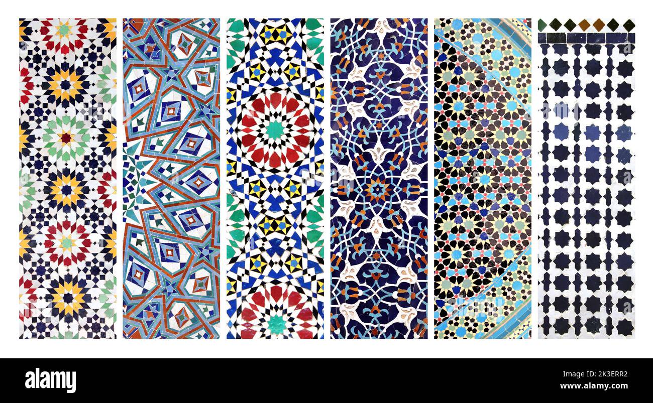 Set of vertical or horizontal banners with detail of ancient mosaic walls with floral and geometric ornaments. Collection of backgrounds with traditio Stock Photo
