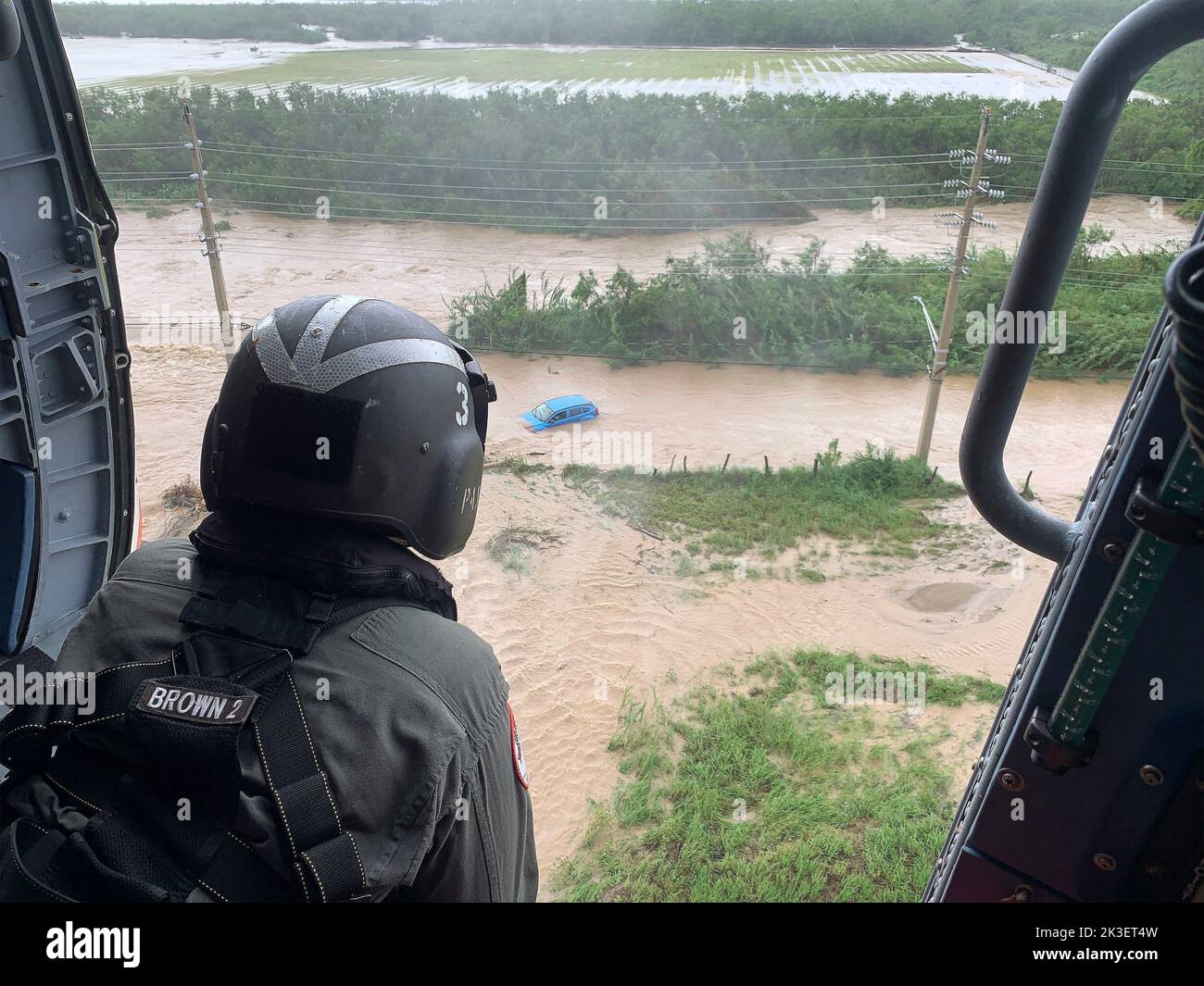 Salinas, United States. 19 September, 2022. A U.S. Coast Guard aircrew conduct an overflight of the southern coast searching for survivors in the aftermath of Hurricane Fiona, September 19, 2022 near Salinas, Puerto Rico. Credit: Capt. Robert Pirone/US Coast Guard/Alamy Live News Stock Photo