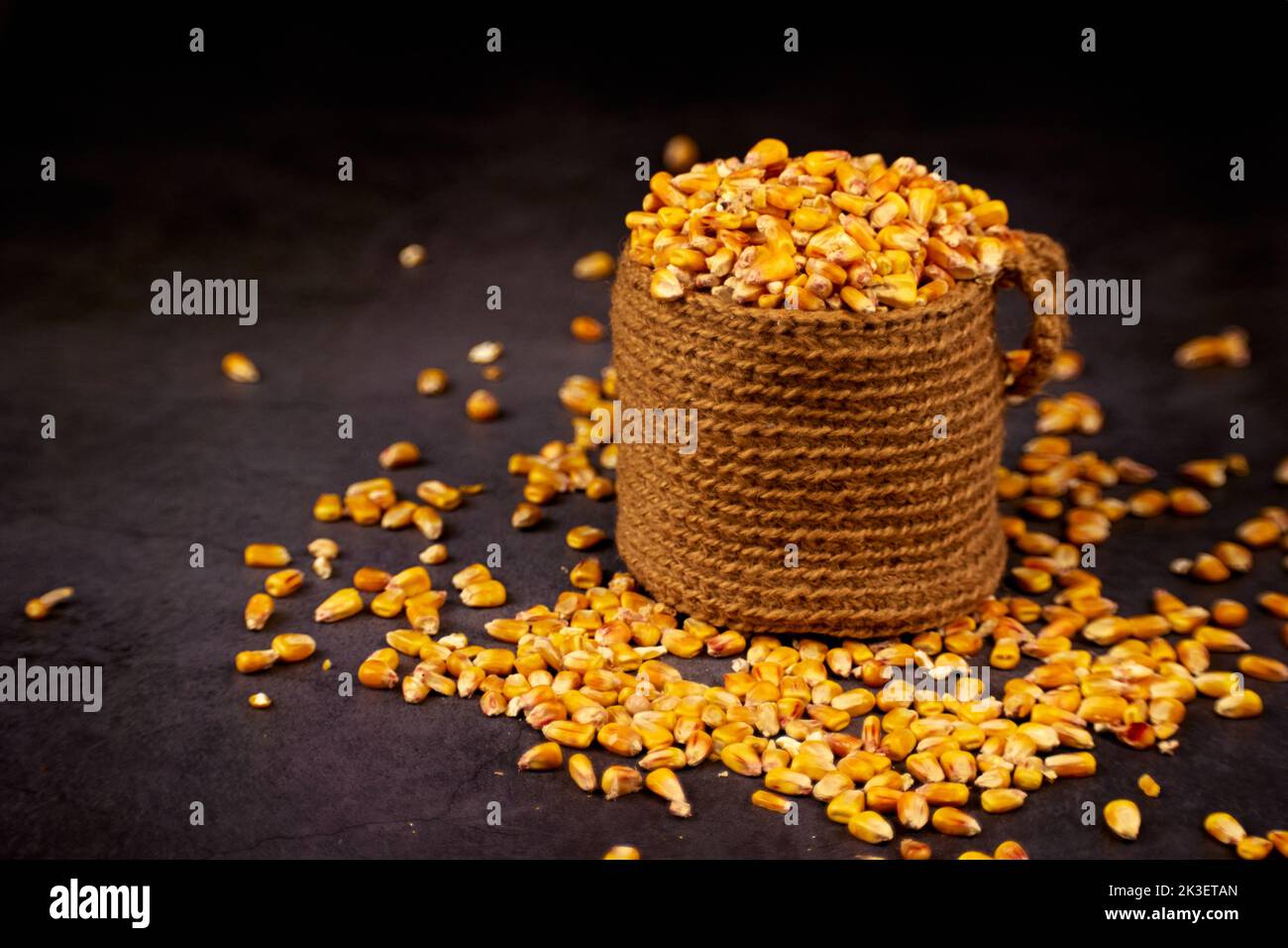 Grains of corn in jute sack and scattered grains around on a dark background Stock Photo