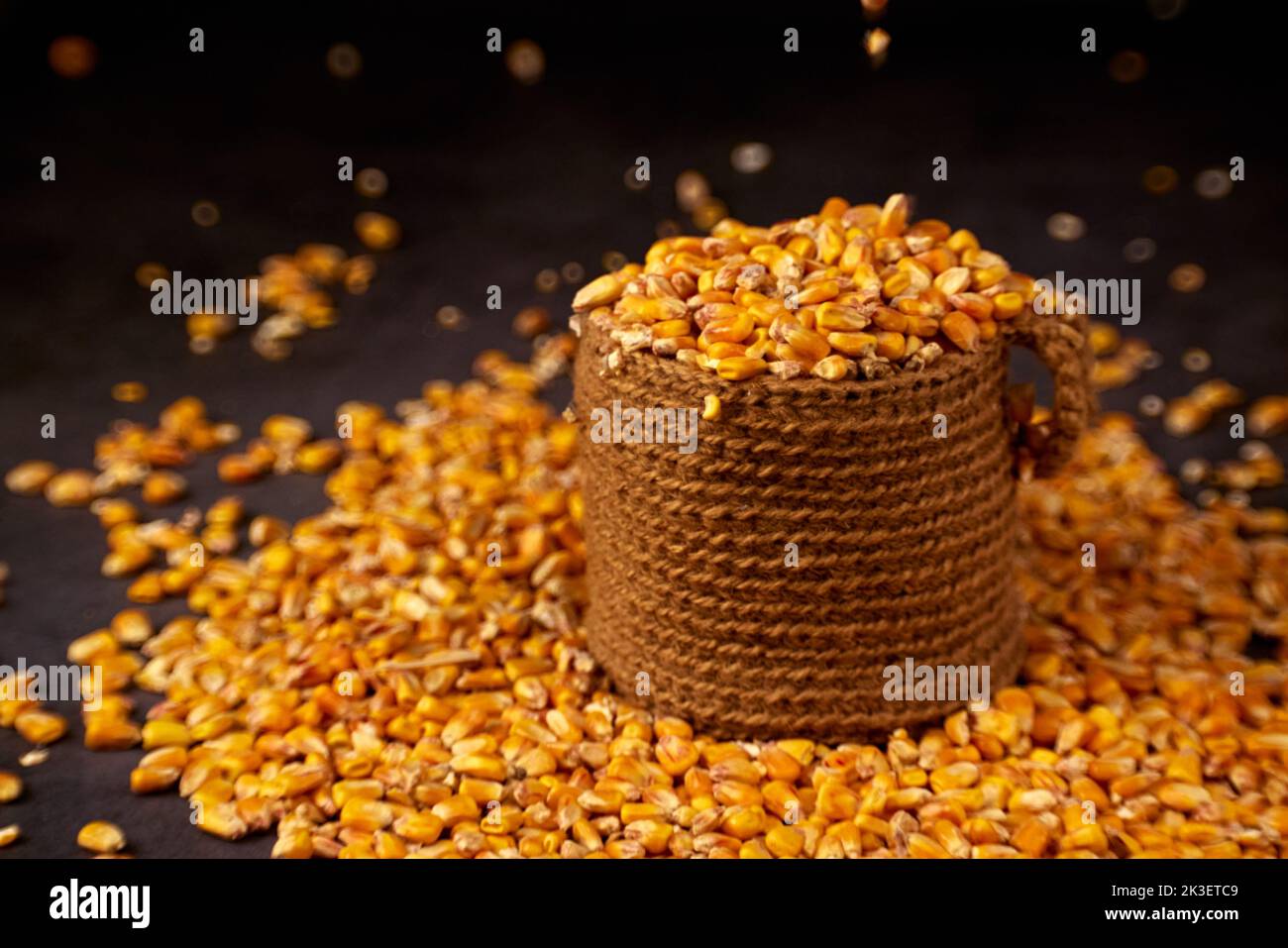 Corn grains in a jute bag and scattered grains around on a dark background Stock Photo