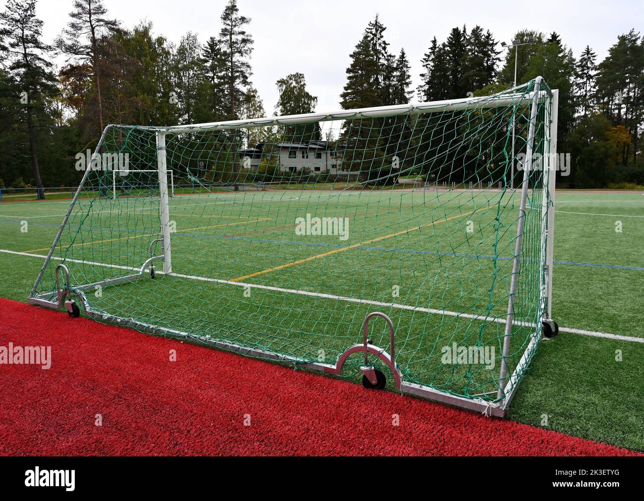 soccerl goal on wheels in a stadium with artificial turf Stock Photo