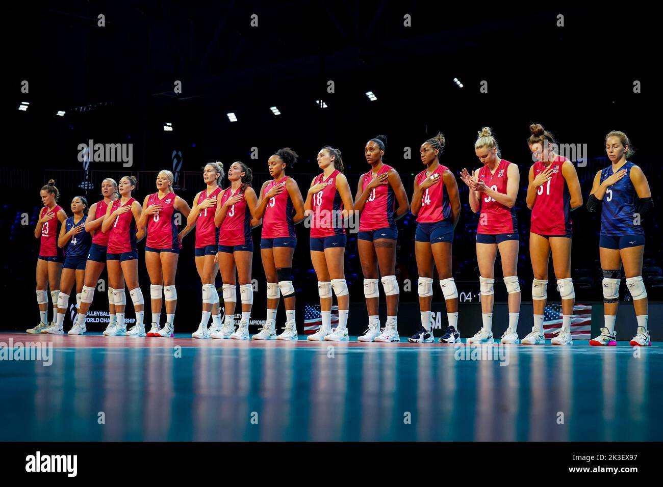 ARNHEM, NETHERLANDS - SEPTEMBER 26: Kelsey Robinson of the United States, Justine Wong-Orantes of the United States, Jordyn Poulter of the United States, Lauren Carlini of the United States, Hannah Tapp of the United States, Andrea Drews of the United States, Sarah Wilhite of the United States, Haleigh Washington of the United States, Kara Bajema of the United States, Danielle Cuttino of the United States, Chiaka Ogbogu of the United States, Alexandra Frantti of the United States, Anna Stevenson of the United States and Morgan Hentz of the United States line up for the national anthem during t Stock Photo