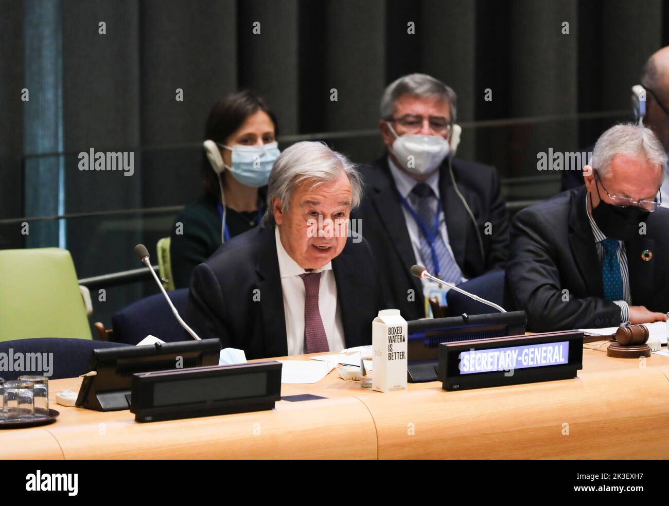 United Nations, Front) speaks at a UN General Assembly high-level meeting to commemorate and promote the International Day for the Total Elimination of Nuclear Weapons at the UN headquarters in New York. 26th Sep, 2022. UN Secretary-General Antonio Guterres (L, Front) speaks at a UN General Assembly high-level meeting to commemorate and promote the International Day for the Total Elimination of Nuclear Weapons at the UN headquarters in New York, on Sept. 26, 2022. Guterres on Monday called for the use of every means to eliminate the nuclear threat. Credit: Wang Ying/Xinhua/Alamy Live News Stock Photo