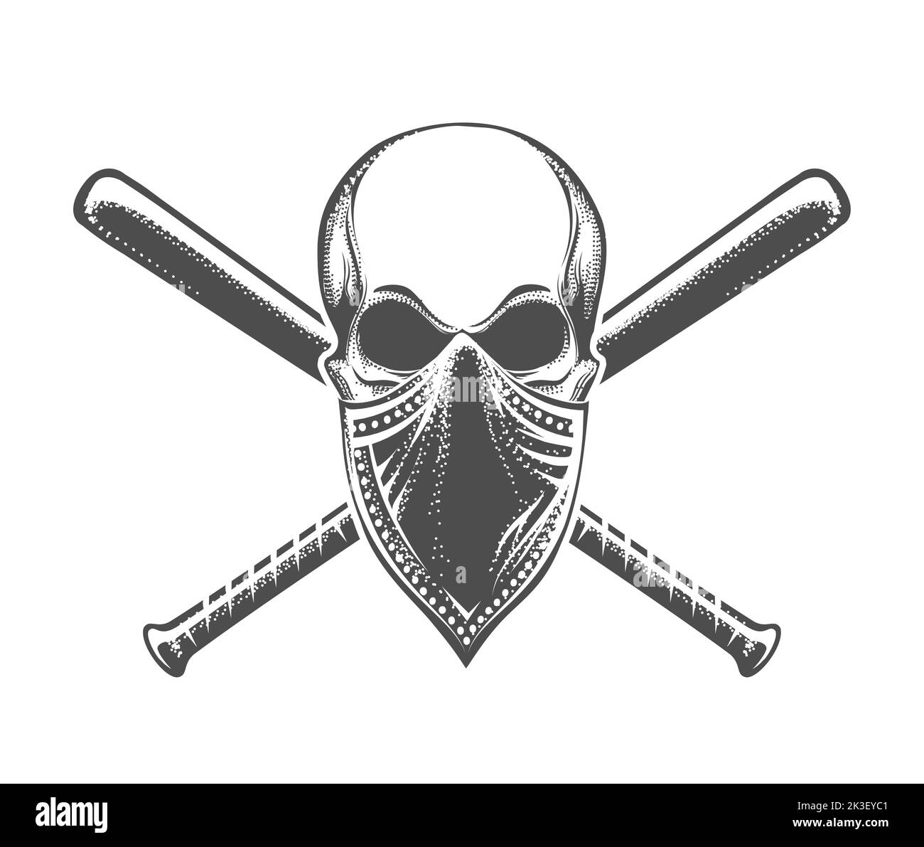 Skull in Bandana and Crossed Baseball Bats Tattoo on white Background. Vector Illustration. Stock Vector
