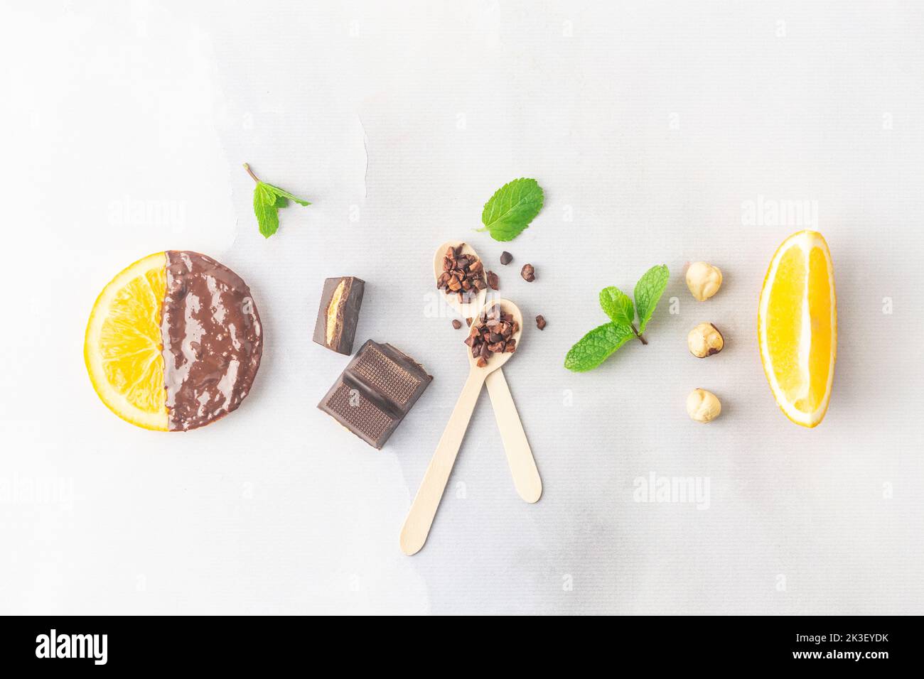 Making candied orange slices dipped in dark chocolate flatlay Stock Photo