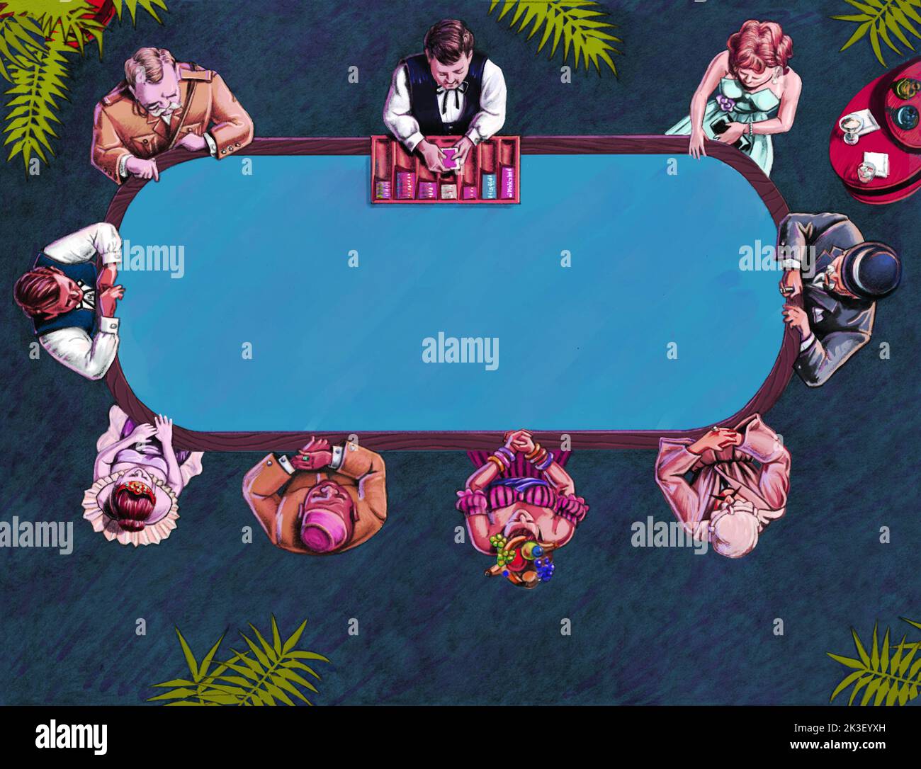 gambling poker table with stylized characters Stock Photo Alamy