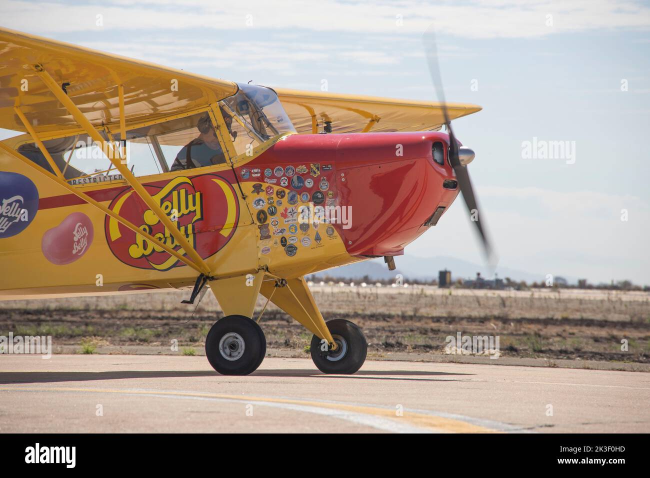 Kent Pietsch, piloting his Interstate Cadet, comes to a stop after performing aerobatics during the 2022 Miramar Air Show at MCAS Miramar, September 24, 2022 in San Diego, California. Stock Photo
