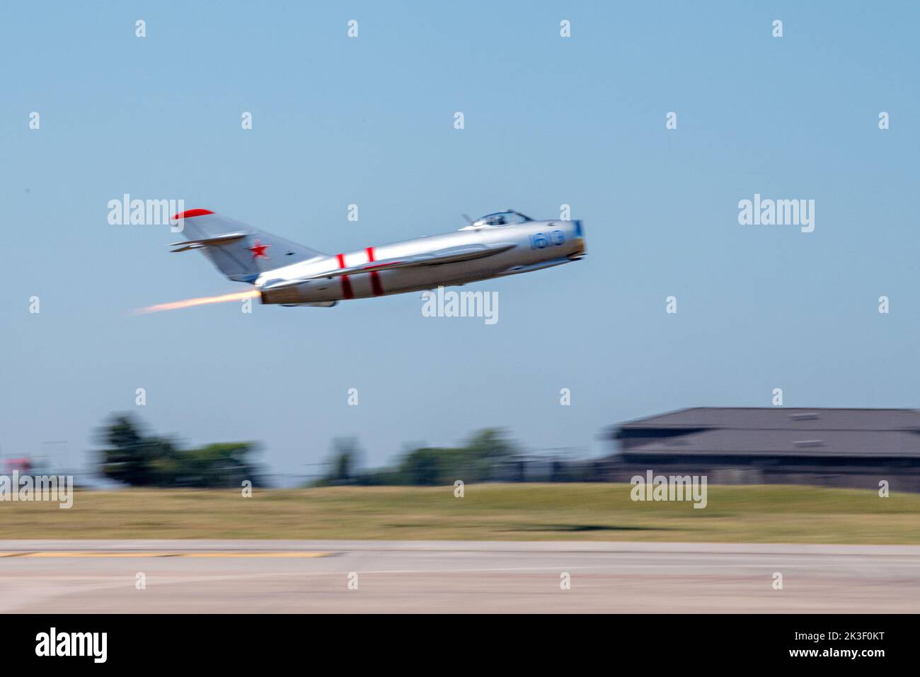 Randy Ball, performs a high-speed pass in a Soviet era MiG-17F fighter aircraft during the 2022 Frontiers in Flight Air Show at McConnell Air Force Base, September 24, 2022 in Wichita, Kansas. Stock Photo