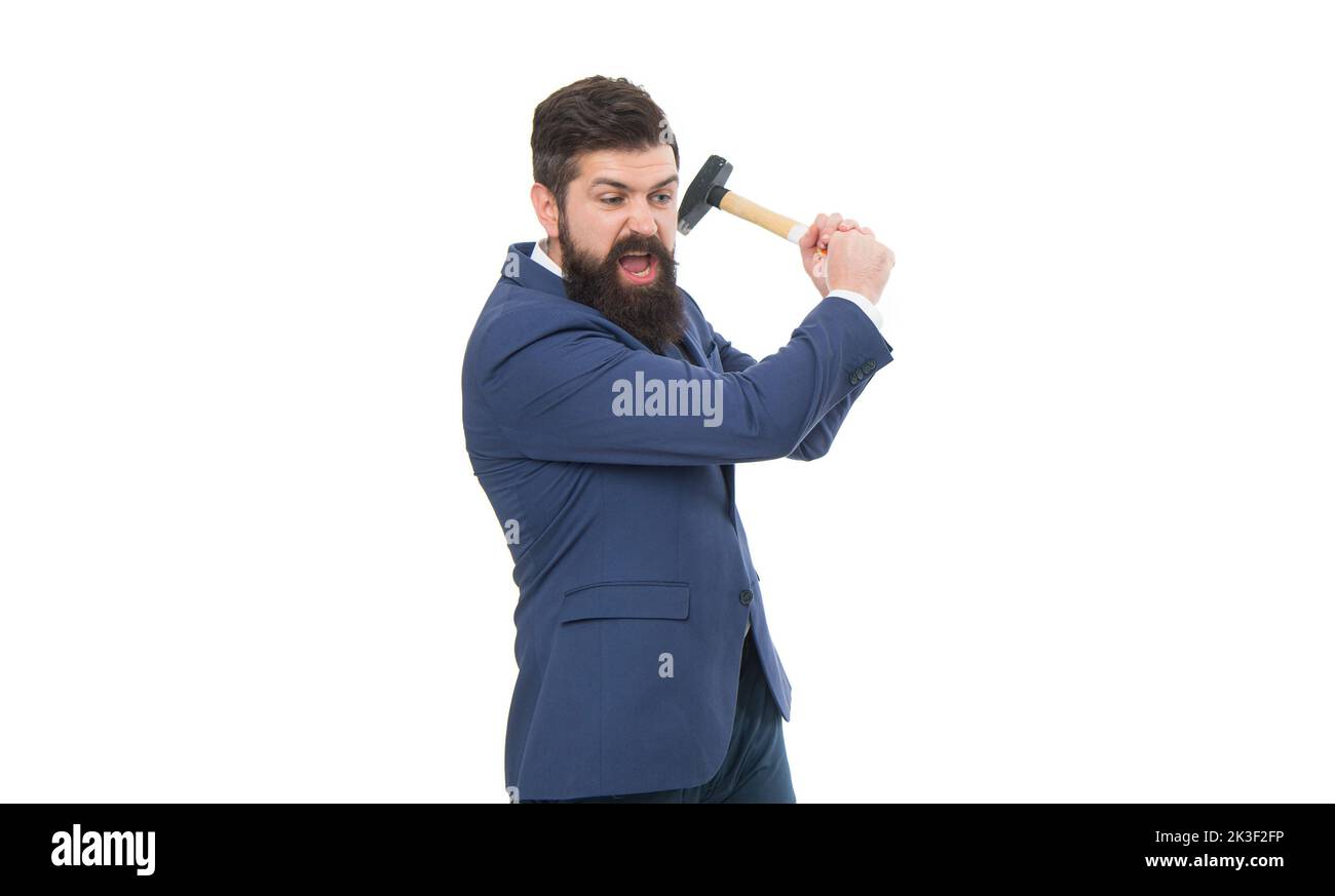 Angry man holding hammer studio. Professional man shouting in anger ...