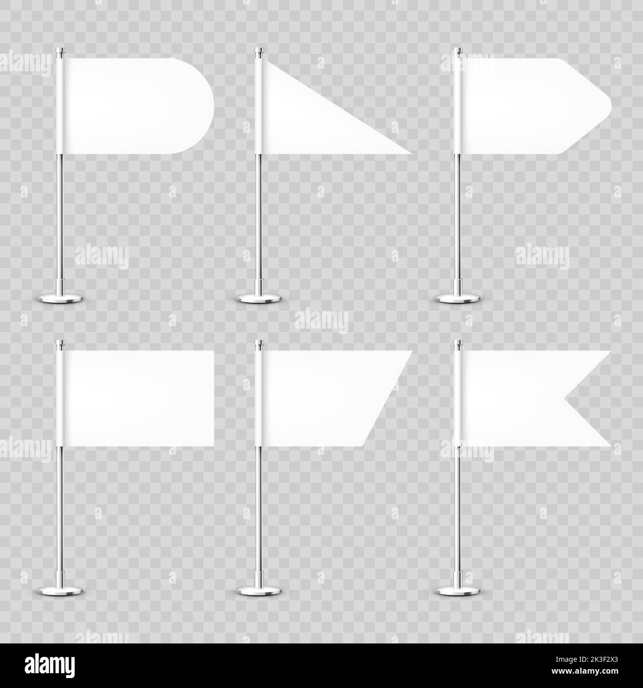 Realistic various table flags on a chrome steel pole. Blank white desk