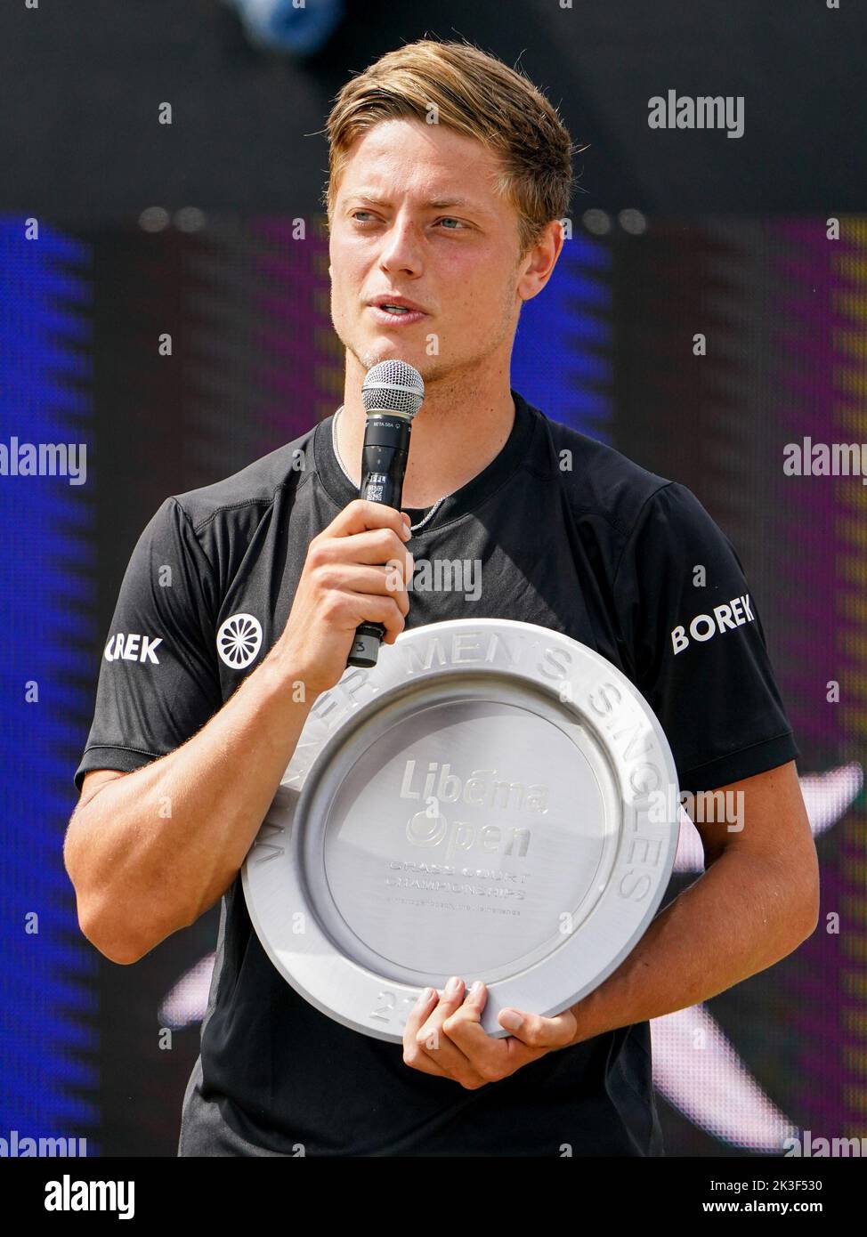 'S-HERTOGENBOSCH, NETHERLANDS - JUNE 12: Tim van Rijthoven of the Netherlands during the Podium Ceremony following the Mens Singles Final match between Daniil Medvedev of Russia and Tim van Rijthoven of the Netherlands at the Autotron on June 12, 2022 in 's-Hertogenbosch, Netherlands (Photo by Joris Verwijst/BSR Agency) Stock Photo