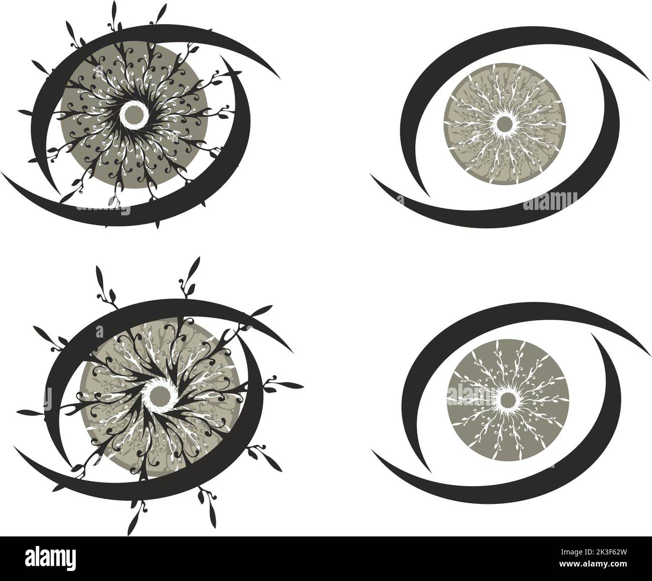 Floral eye symbols in black-gray tonality isolated on a white background. Decorative Four Eye Options for textiles, eco-friendly or interior solutions Stock Photo