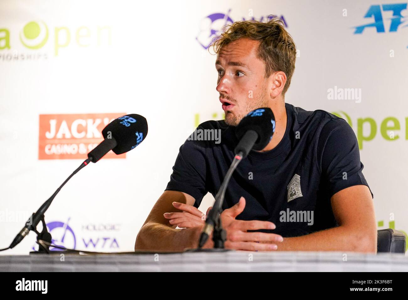 'S-HERTOGENBOSCH, NETHERLANDS - JUNE 12: Daniil Medvedev of Russia during a Press Moment following the Mens Singles Final match between Daniil Medvedev of Russia and Tim van Rijthoven of the Netherlands at the Autotron on June 12, 2022 in 's-Hertogenbosch, Netherlands (Photo by Joris Verwijst/BSR Agency) Stock Photo