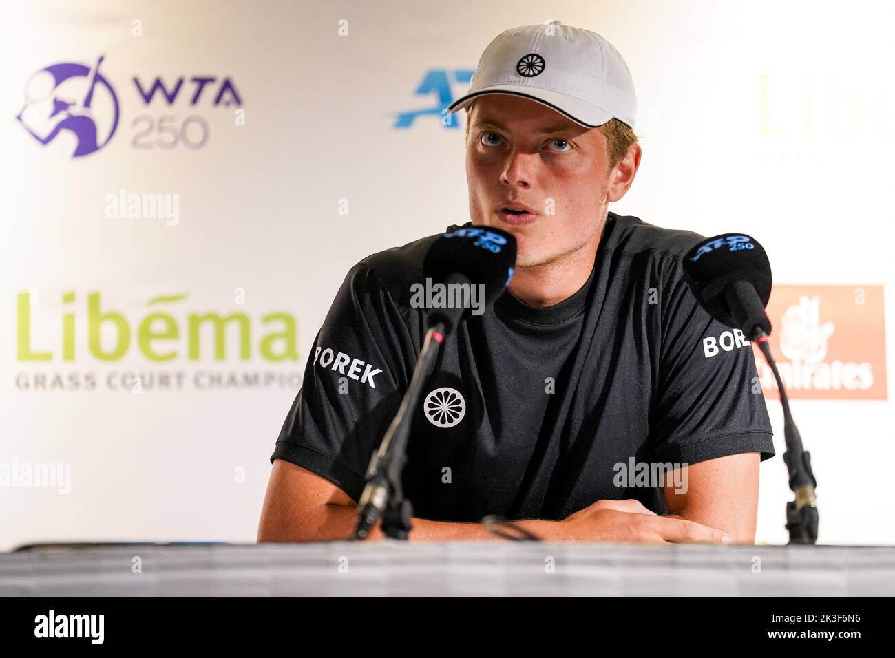 'S-HERTOGENBOSCH, NETHERLANDS - JUNE 12: Tim van Rijthoven of the Netherlands during a Press Moment following the Mens Singles Final match between Daniil Medvedev of Russia and Tim van Rijthoven of the Netherlands at the Autotron on June 12, 2022 in 's-Hertogenbosch, Netherlands (Photo by Joris Verwijst/BSR Agency) Stock Photo