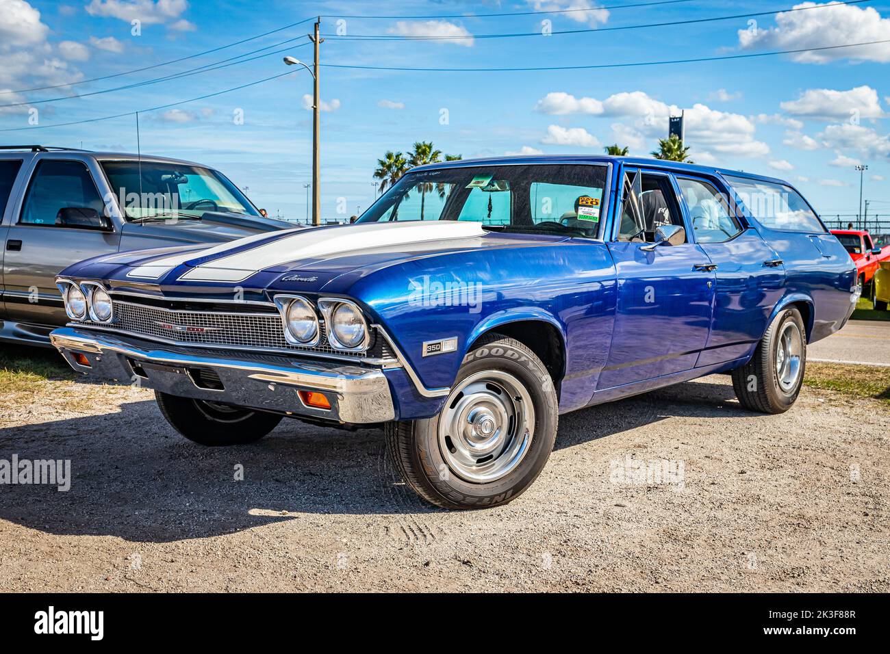 Daytona Beach, FL - November 28, 2020: Low perspective front corner view of a 1968 Chevrolet Chevelle Station Wagon at a local car show. Stock Photo