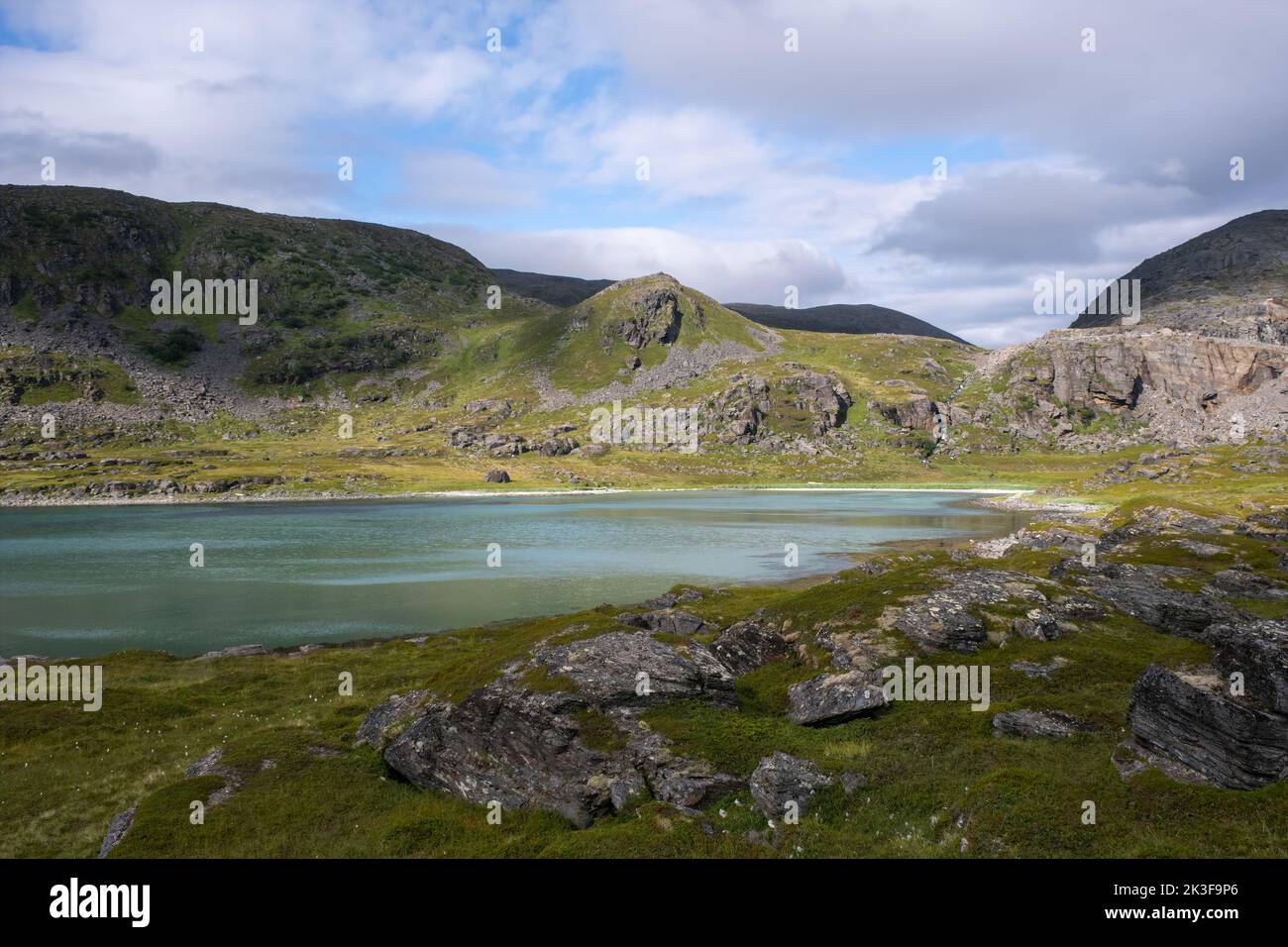 Wonderful landscapes in Norway. Nord-Norge. Beautiful scenery of Masoy coastline at Havoysund in the Troms og Finnmark. Cloudy day. Selective focus Stock Photo