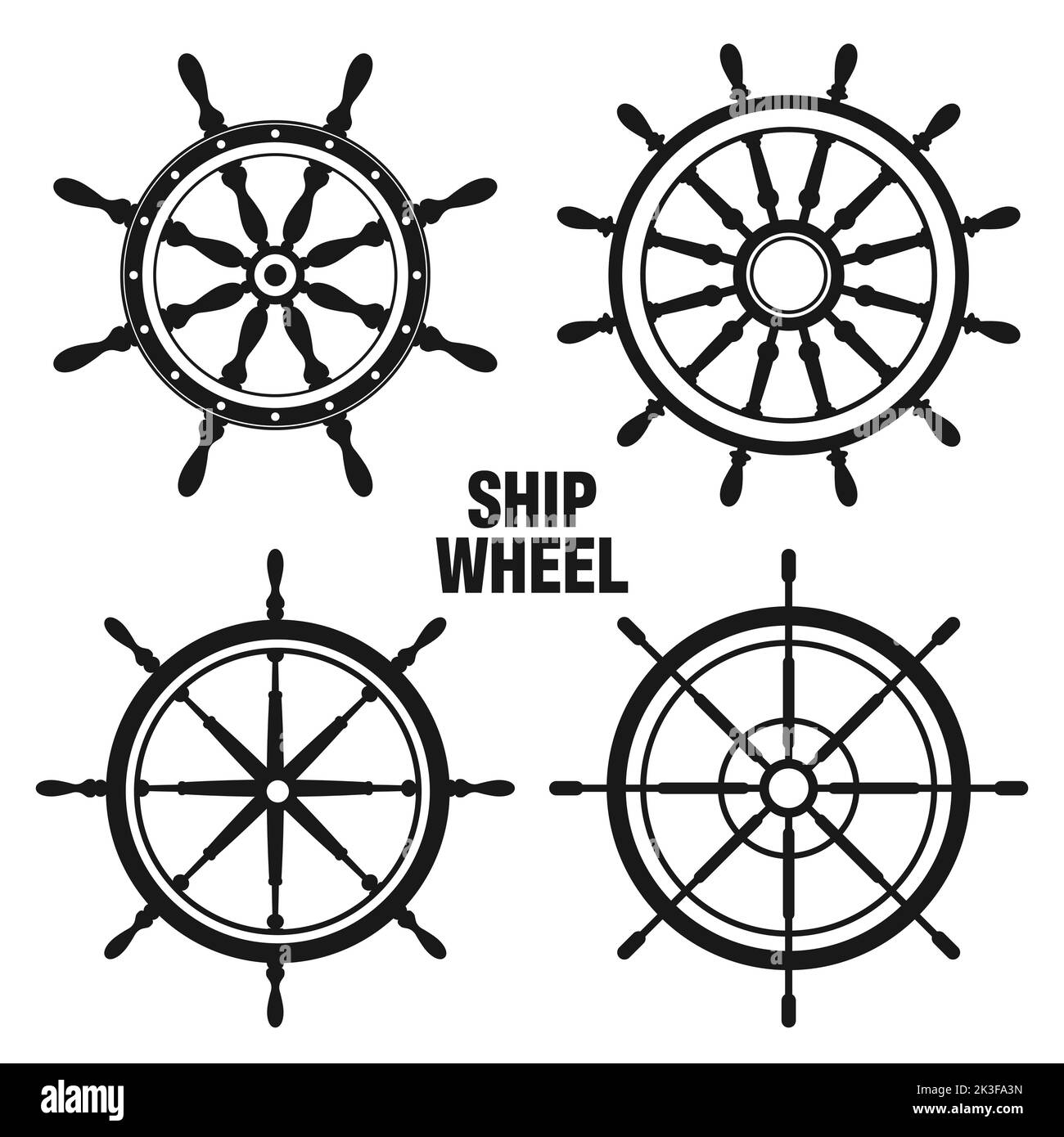 Collection of vintage steering wheels. Ship, yacht retro wheel symbol
