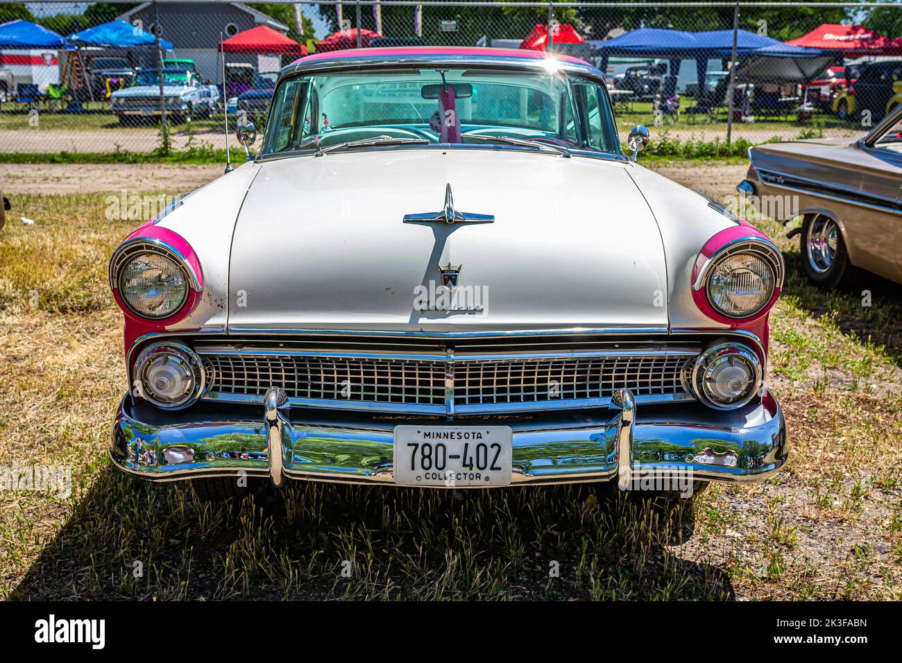 Falcon Heights, MN - June 18, 2022: High perspective front view of a 1955 Ford Fairlane Crown Victoria 2 Door Hardtop at a local car show. Stock Photo