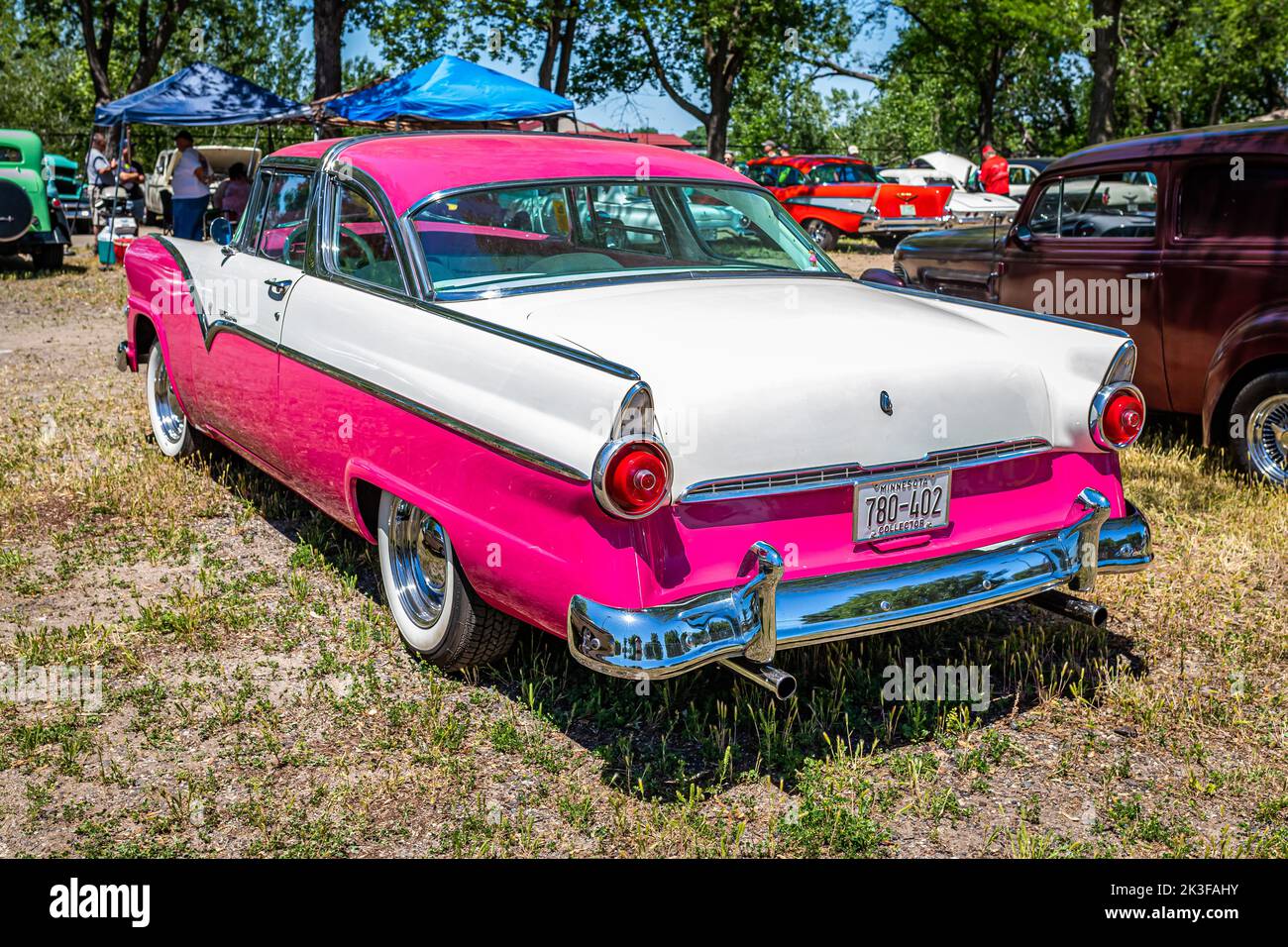 Falcon Heights, MN - June 18, 2022: High perspective rear corner view of a 1955 Ford Fairlane Crown Victoria 2 Door Hardtop at a local car show. Stock Photo