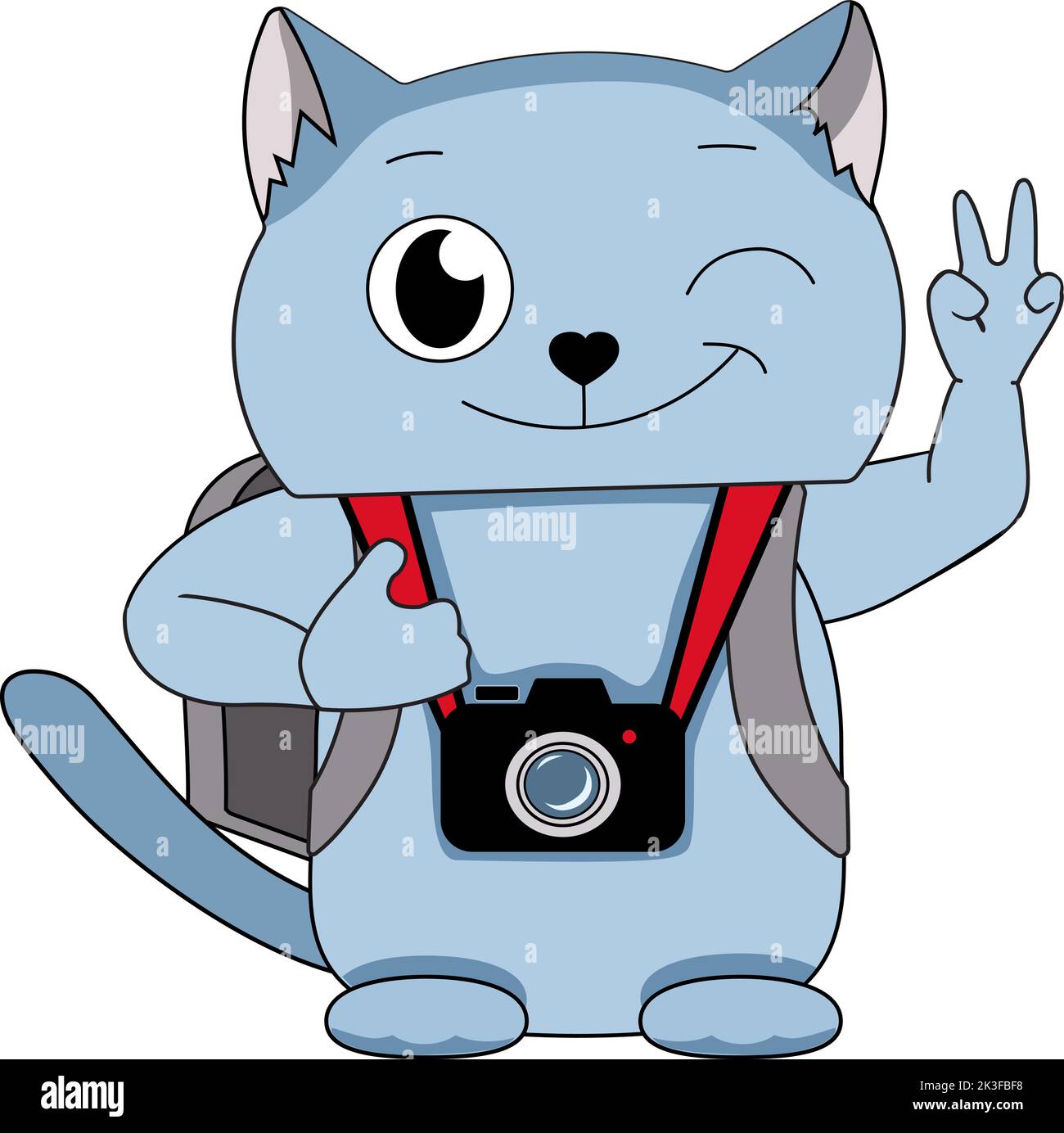 A cartoon blue cat with a camera around his neck Stock Vector Image