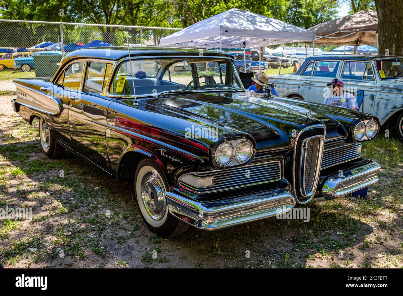 Falcon Heights, MN - June 18, 2022: High perspective front corner view of a 1958 Edsel Ranger 4 Door Hardtop at a local car show. Stock Photo