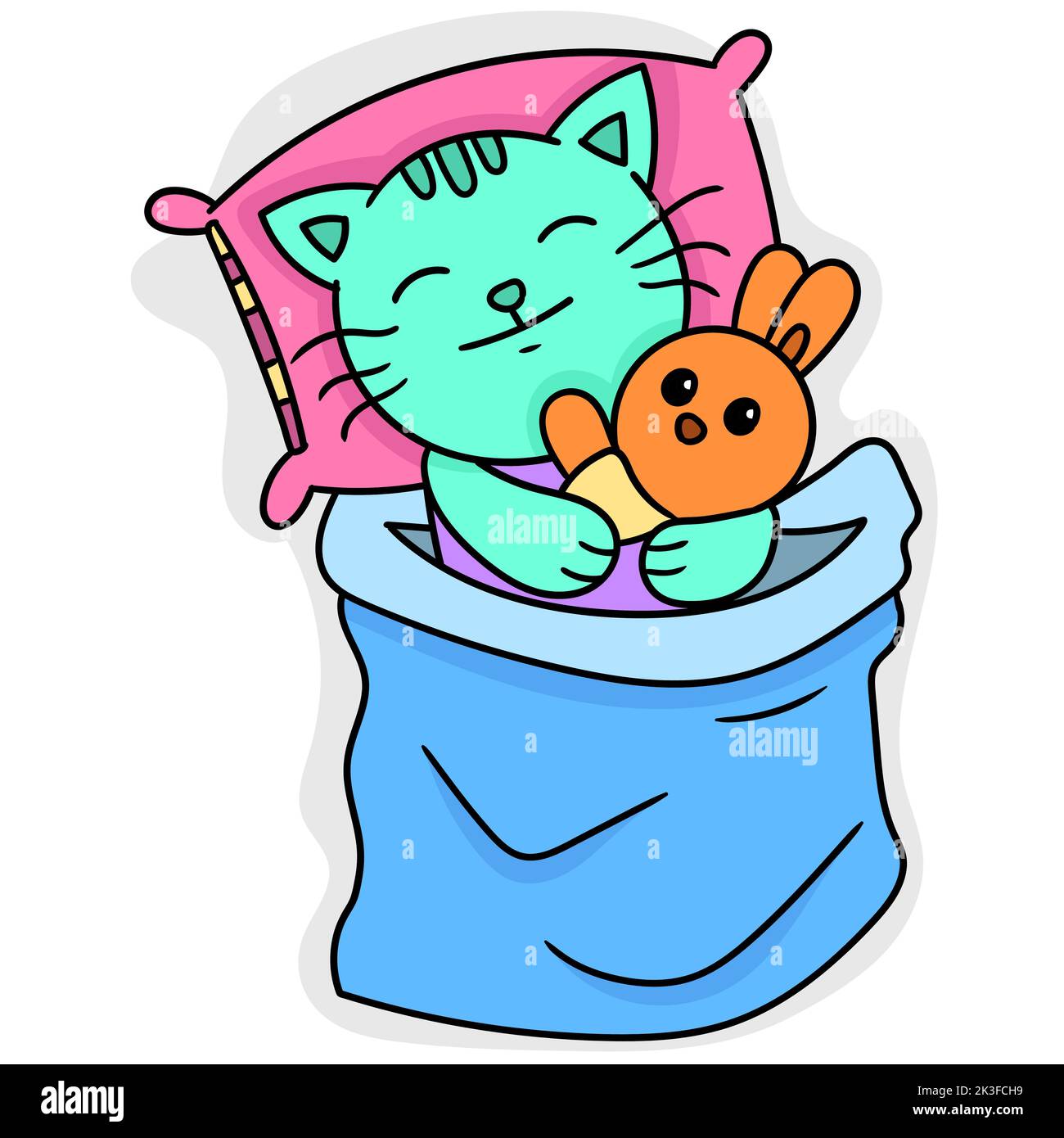 A vector of cat sleep with rabbit in bed isolated in white background