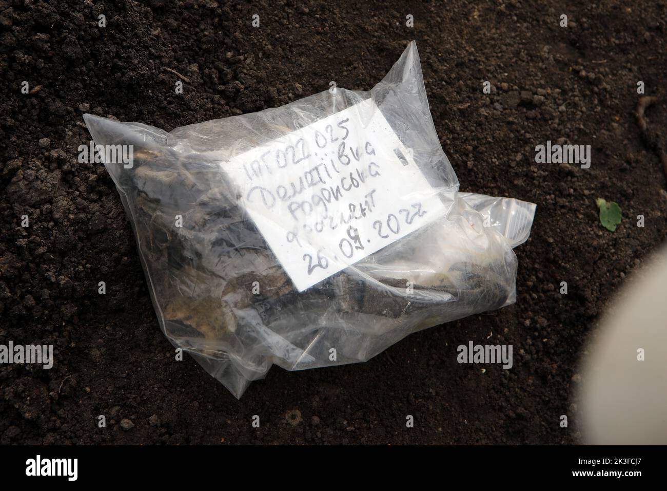 KHARKIV REGION, UKRAINE - SEPTEMBER 26, 2022 - Bone fragments found during the exhumation of the bodies of Ukrainian soldiers killed in action in the village of Dementiyivka recently liberated from russian, in the north of Kharkiv Region, north-eastern Ukraine. Stock Photo