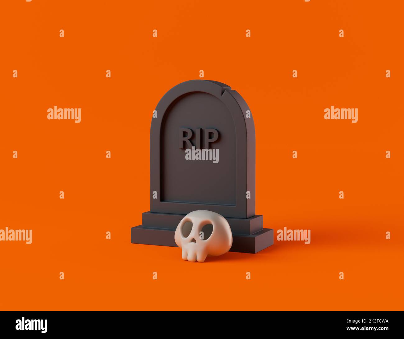 Simple halloween tombstone with skull 3d render illustration. Stock Photo