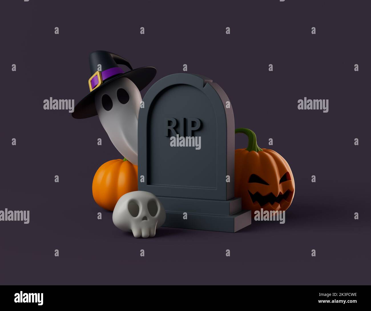 Simple halloween tombstone with skull, ghost in witch hat and pumpkin jack 3d render illustration. Isolated object on dark background Stock Photo