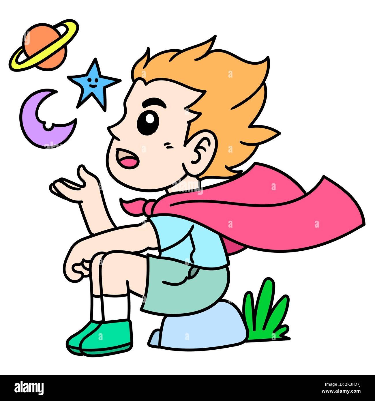 An editable cartoon style doodle of a boy daydreaming, sitting on a rock and planets floating in the air Stock Vector
