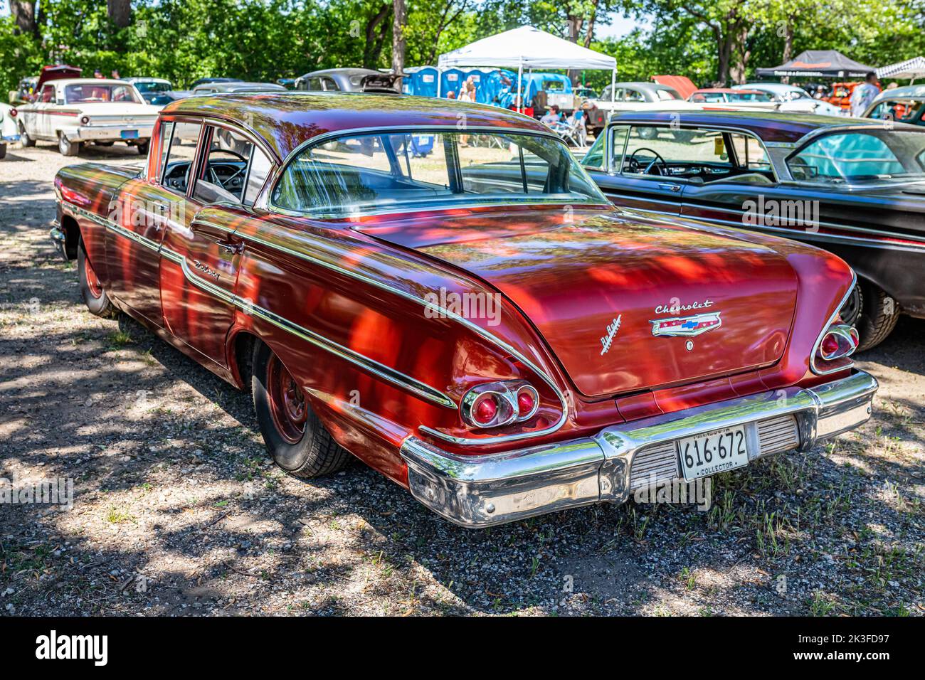 Falcon Heights, MN - June 18, 2022: High perspective rear corner view of a 1958 Chevrolet Delray 4 Door Sedan at a local car show. Stock Photo