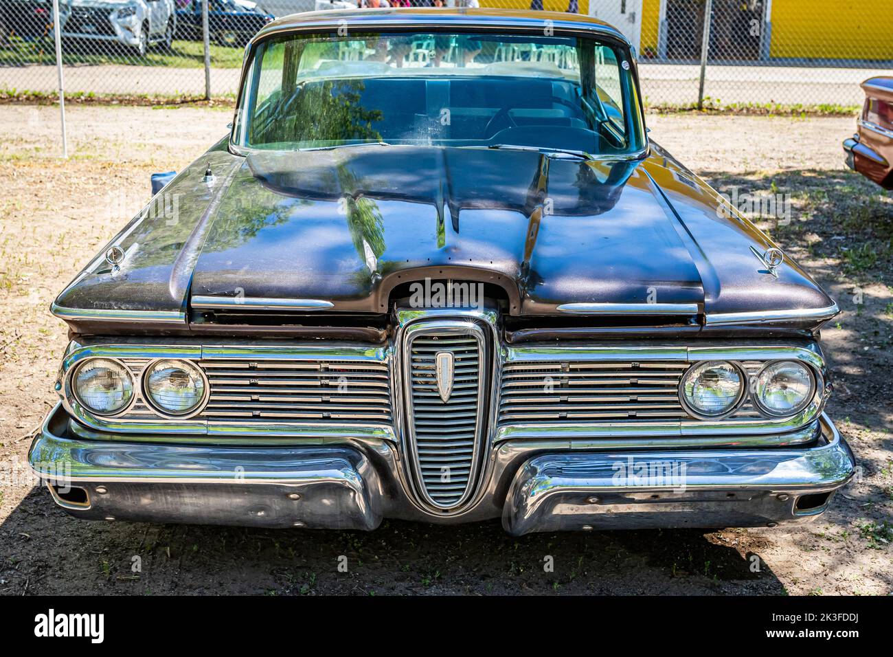 Falcon Heights, MN - June 18, 2022: High perspective front view of a 1959 Edsel Ranger 2 Door Hardtop at a local car show. Stock Photo
