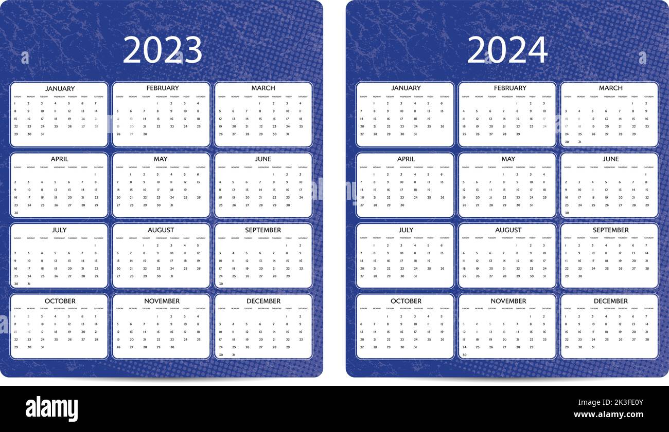 Calendar for 2023 and 2024 years in english template Stock Vector