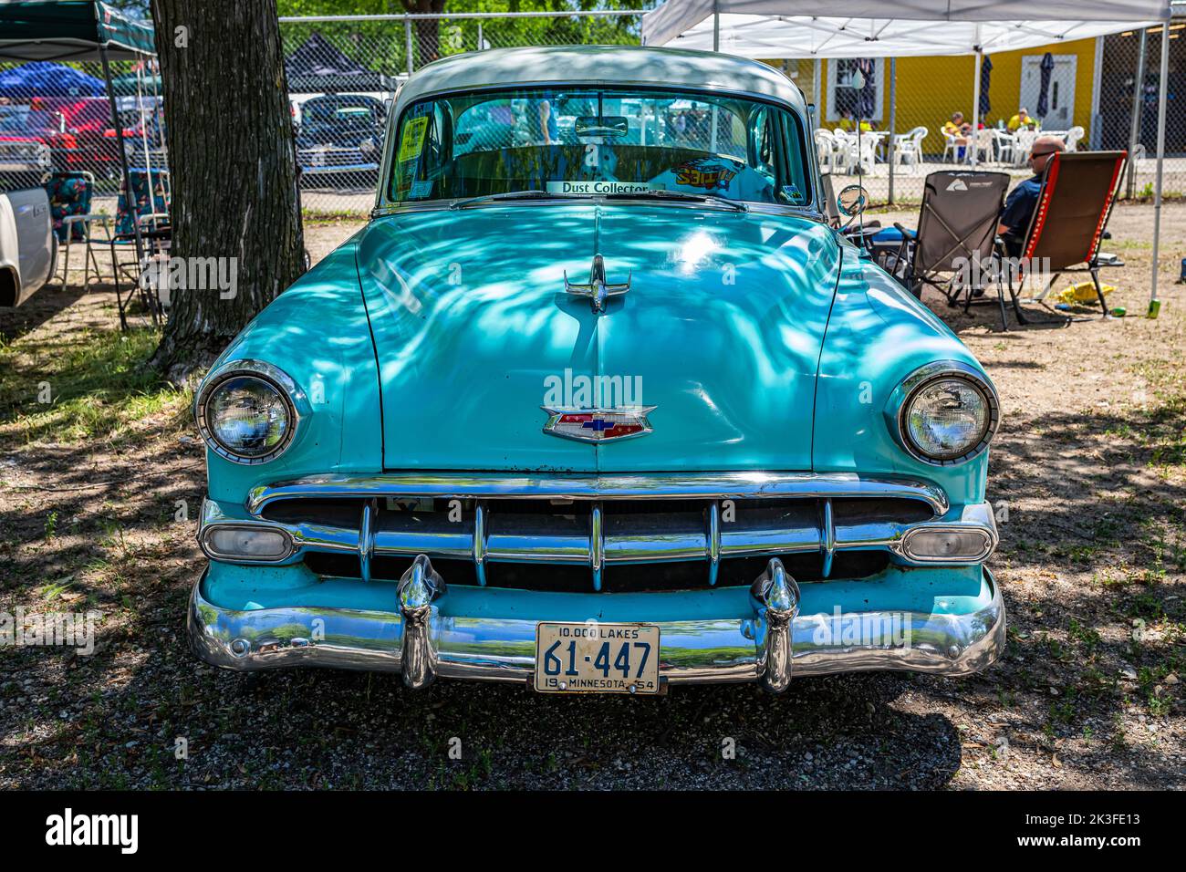 Falcon Heights, MN - June 18, 2022: High perspective front view of a 1954 Chevrolet BelAir 2 Door Sedan at a local car show. Stock Photo