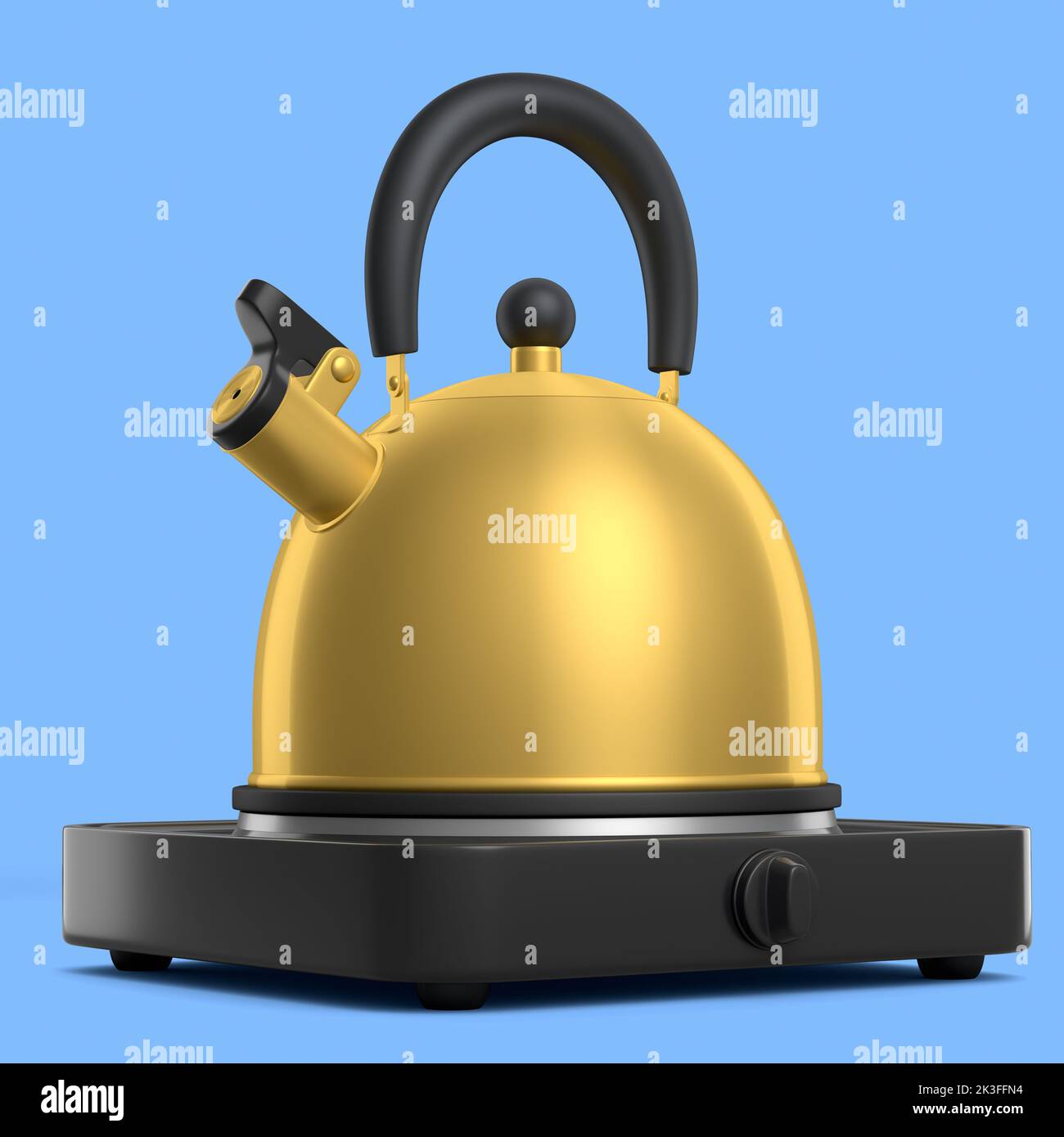 Portable camping electric stove and kettle with whistle on blue