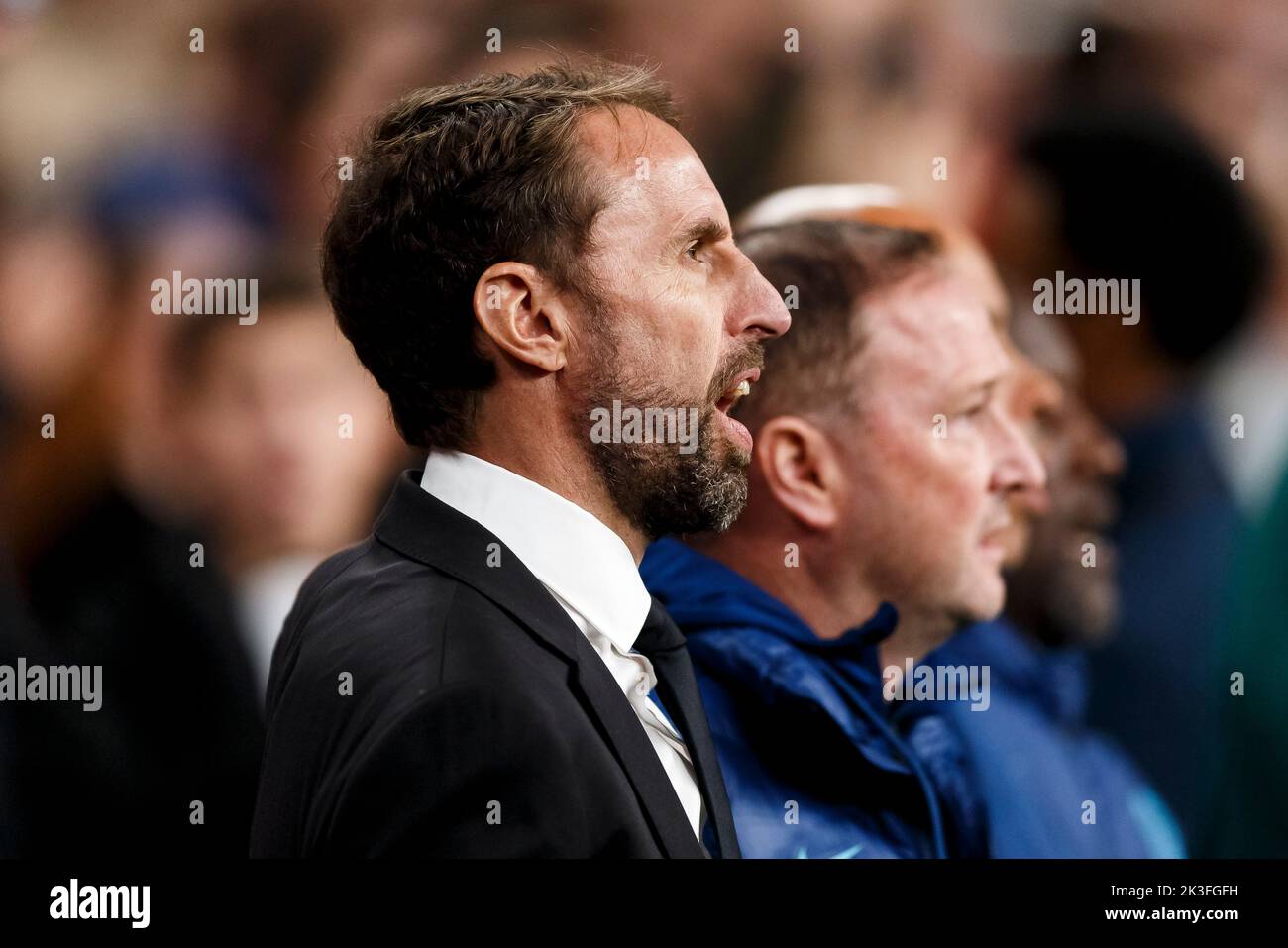 London, UK. 26th Sep, 2022. England Manager Gareth Southgate sings the national anthem before the UEFA Nations League Group C match between England and Germany at Wembley Stadium on September 26th 2022 in London, England. (Photo by Daniel Chesterton/phcimages.com) Credit: PHC Images/Alamy Live News Stock Photo