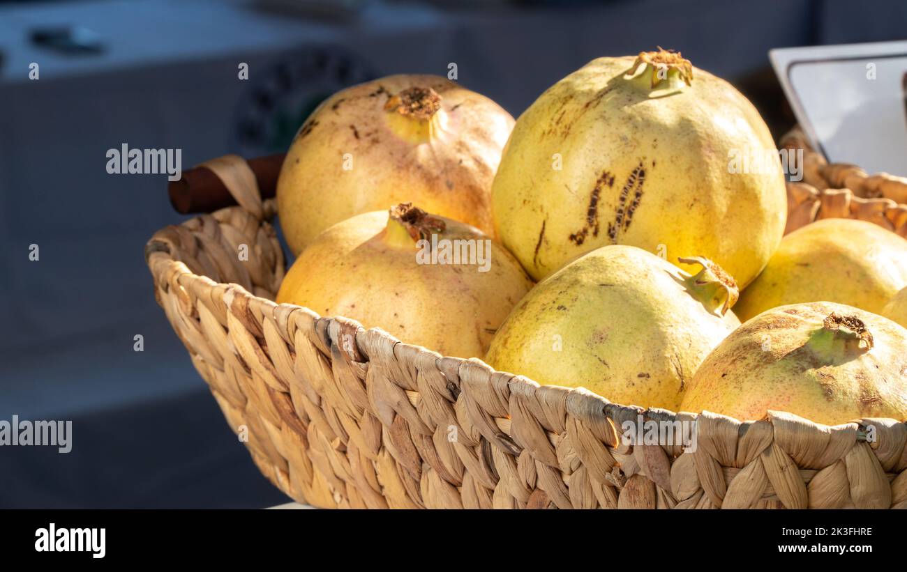 Green yellow grenades in a wicker basket close-up Stock Photo