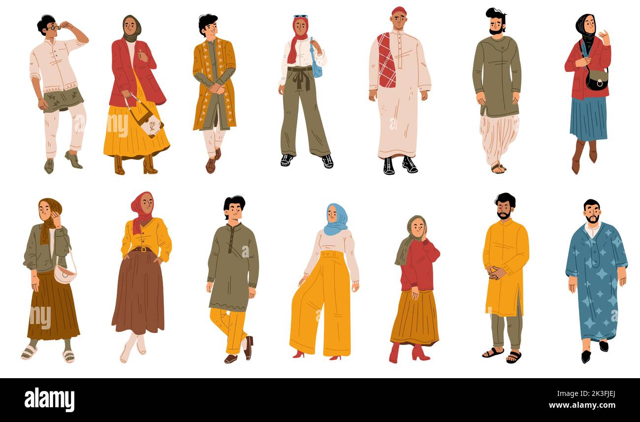 Arab national clothes. Islamic iranian turkish and arabic fashion for male  and female headscarf hijab and dresses vector illustrations Stock Vector  Image & Art - Alamy
