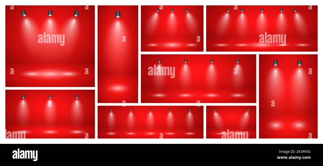 Empty red studio abstract backgrounds with spotlights. Product showcase backdrop with spotlight effect. Stage lighting. Vector illustration Stock Vector