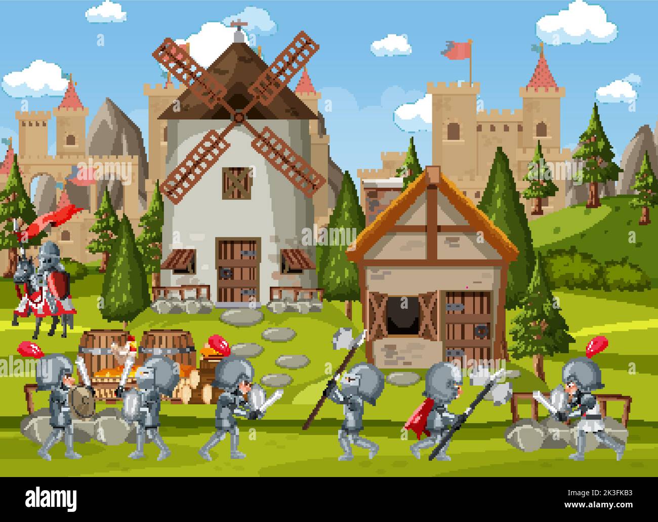 Vector Castle Scenes Medieval village scene castle background illustration Stock Vector ...