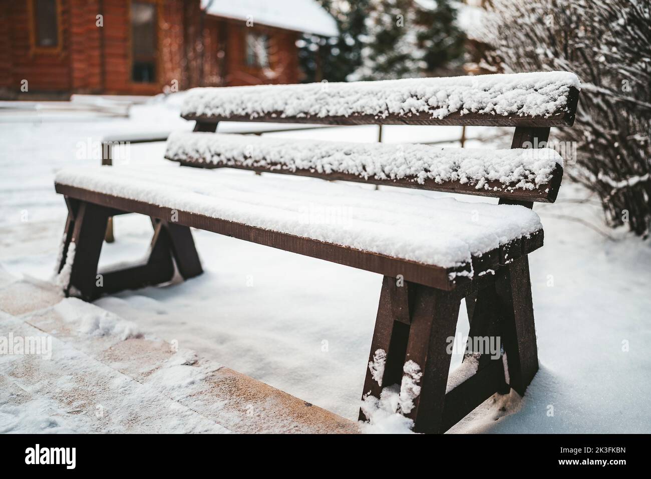 wooden bench covered with snow in winter on a cold day Stock Photo - Alamy