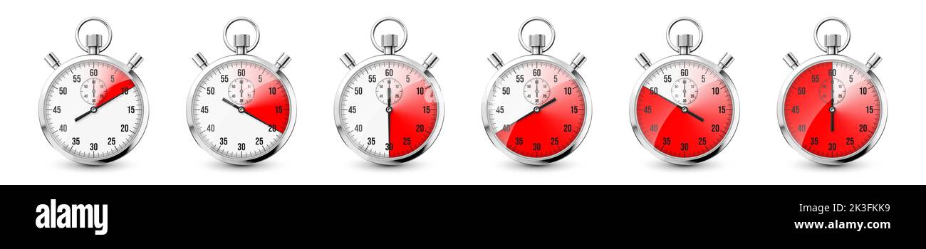 Realistic classic stopwatch icons. Shiny metal chronometer, time ...