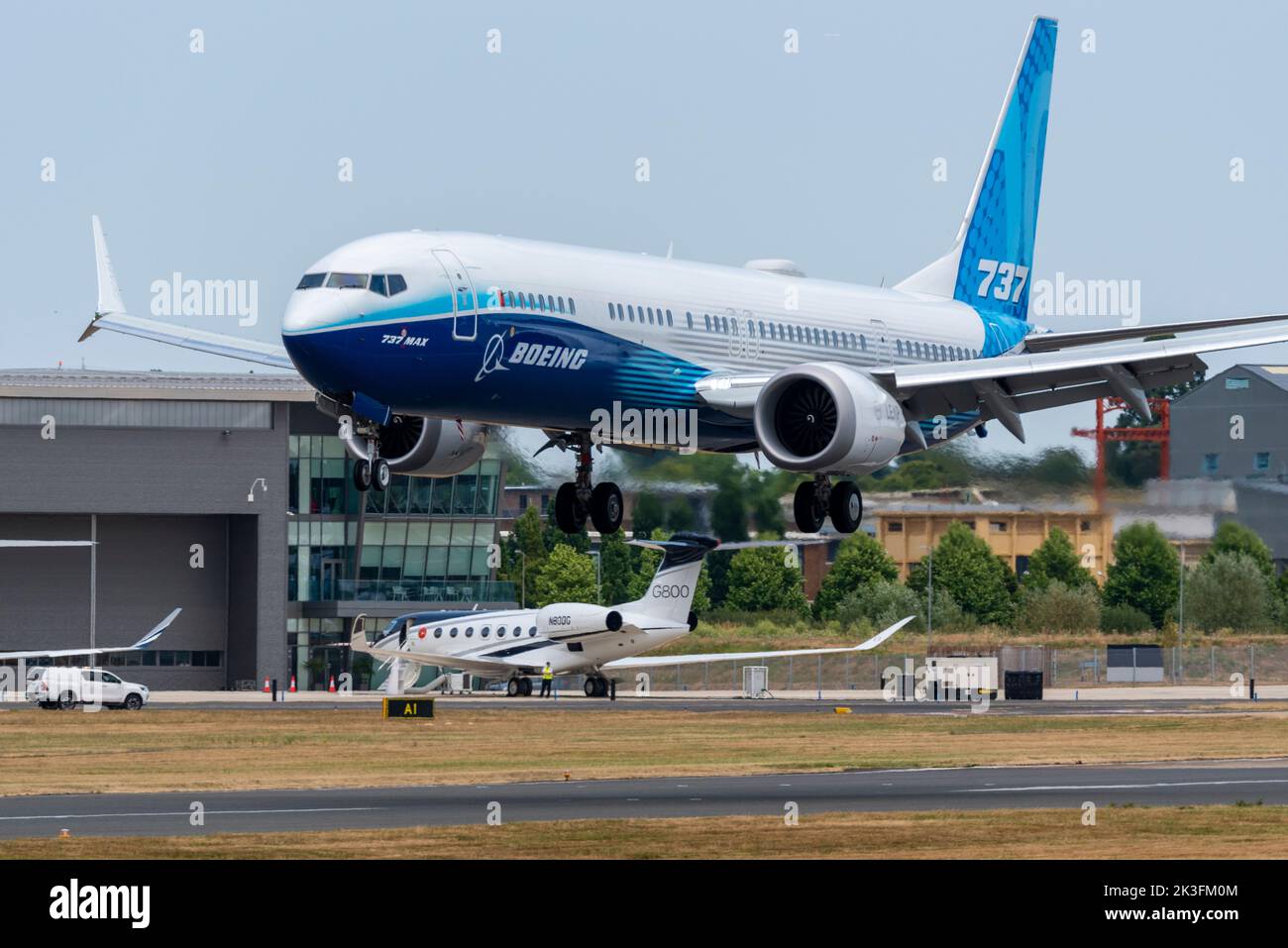 Boeing 737 MAX 10 airliner jet plane, new version of the MAX series, landing at Farnborough International Airshow 2022 after demonstration flight Stock Photo