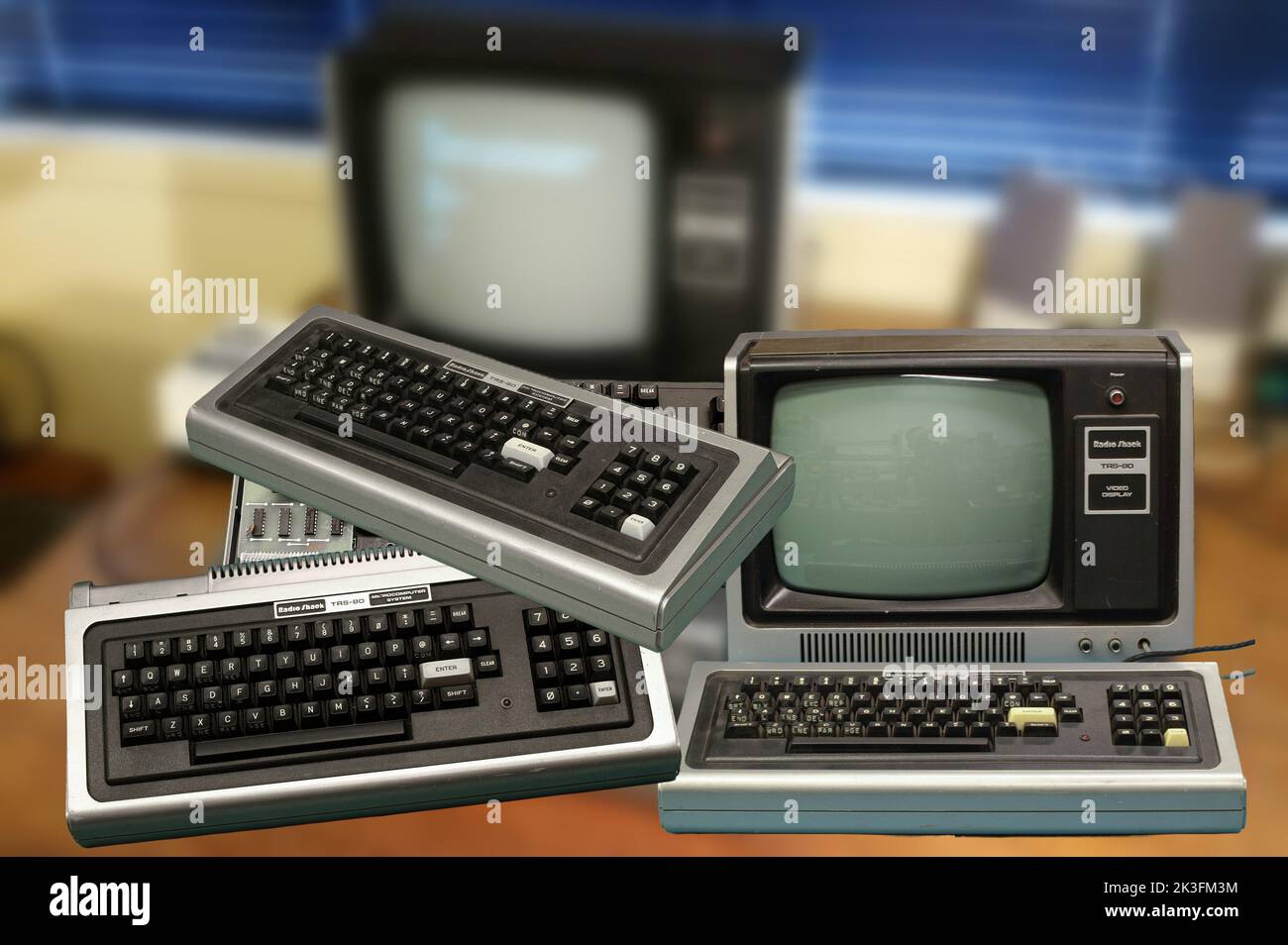 The 1977 TRS-80, along with the Commodore PET and the Apple II, is vying for the title of the first true personal computer in history. Stock Photo