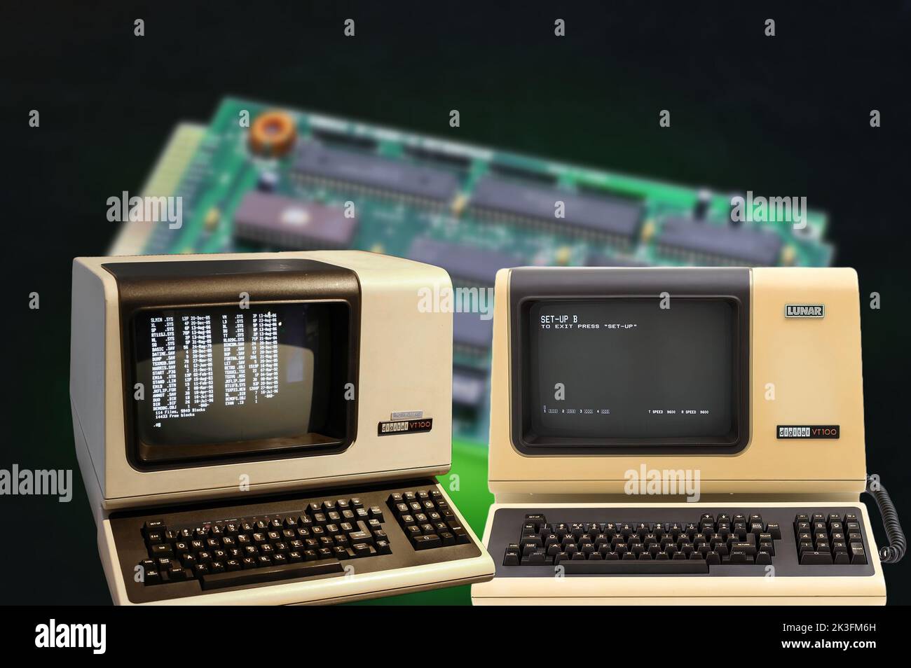 The VT100 is a video terminal built by digital equipment corporation (DEC) that became a de facto standard for terminal emulators. Stock Photo
